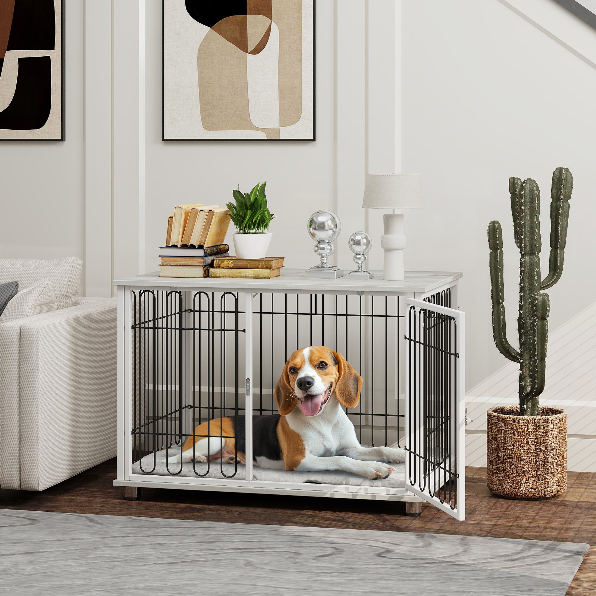 35in Dog Crate Furniture with Washable Cushion, Indoor Dog Kennel End Table with Adjustable Feet for Medium Dogs, Grey