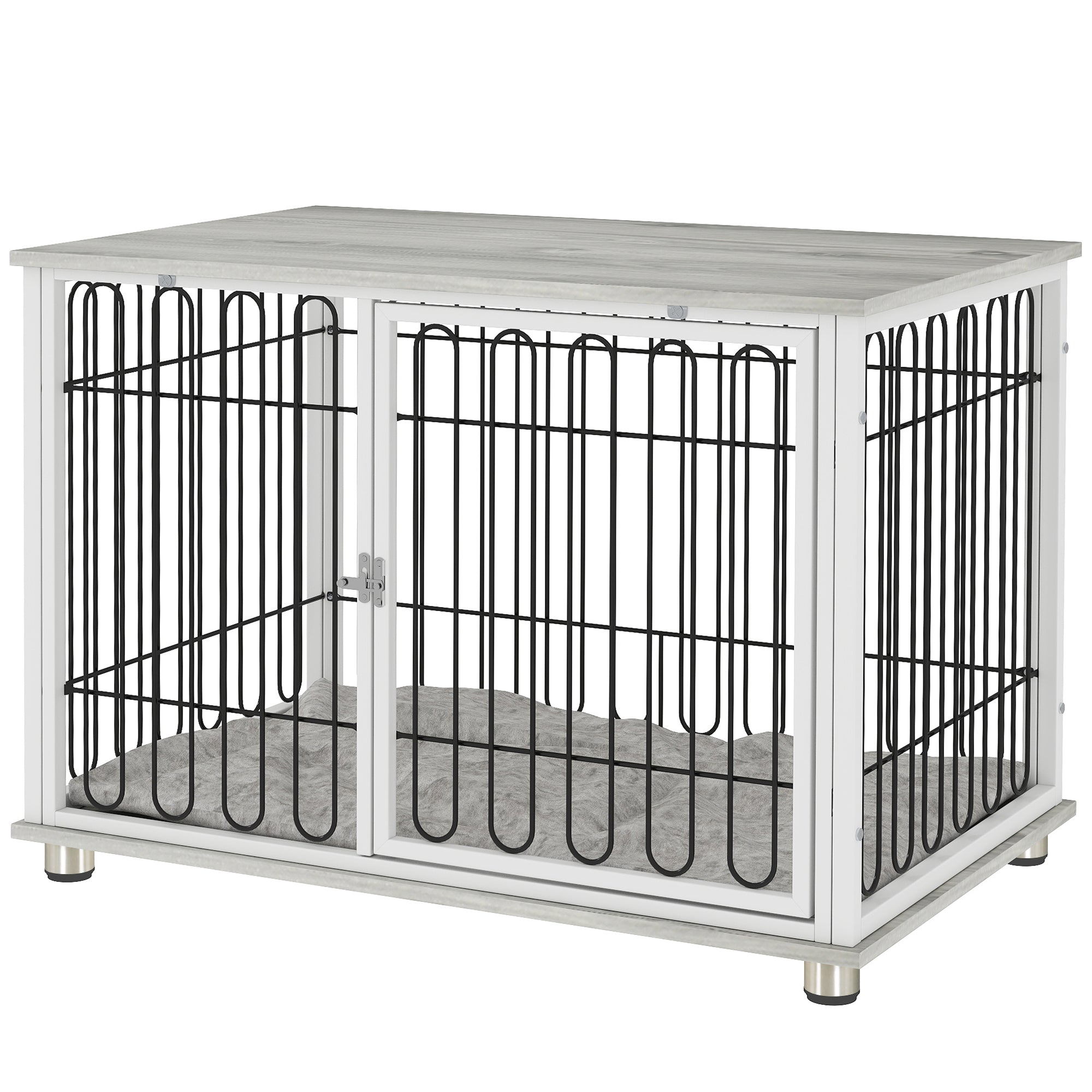 35in Dog Crate Furniture with Washable Cushion, Indoor Dog Kennel End Table with Adjustable Feet for Medium Dogs, Grey
