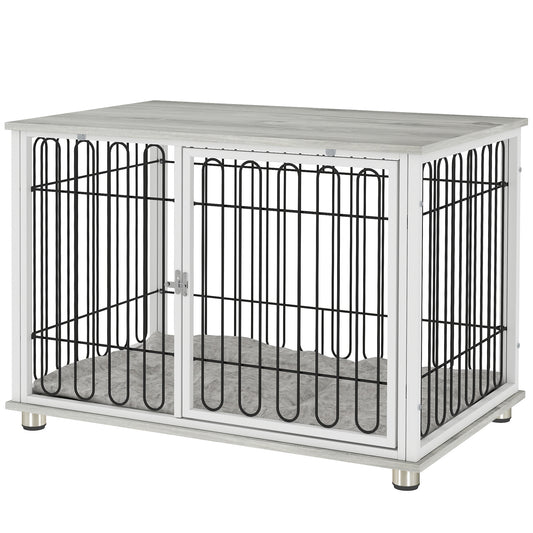 35in Dog Crate Furniture with Washable Cushion, Indoor Dog Kennel End Table with Adjustable Feet for Medium Dogs, Grey