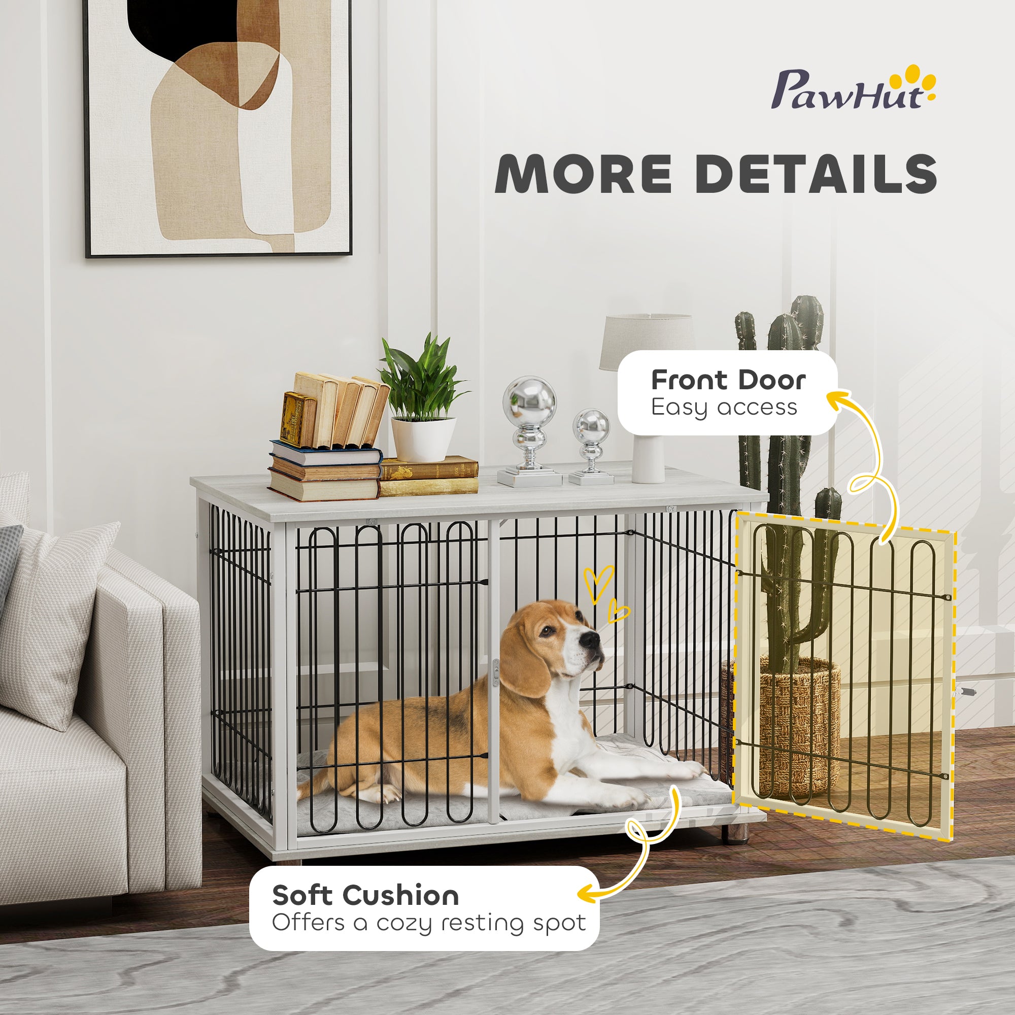 35in Dog Crate Furniture with Washable Cushion, Indoor Dog Kennel End Table with Adjustable Feet for Medium Dogs, Grey