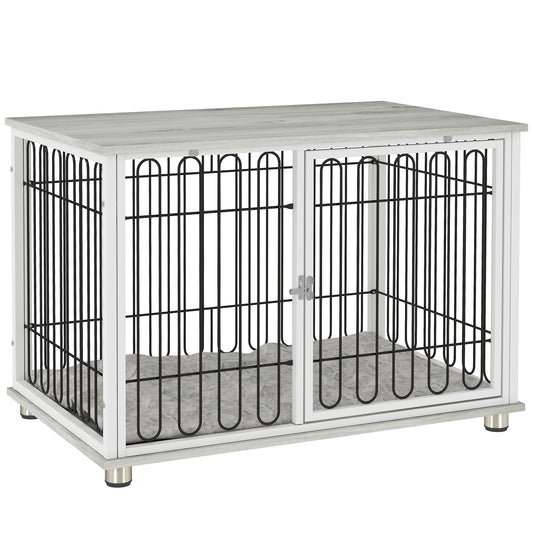 35in Dog Crate Furniture with Washable Cushion, Indoor Dog Kennel End Table with Adjustable Feet for Medium Dogs, Grey