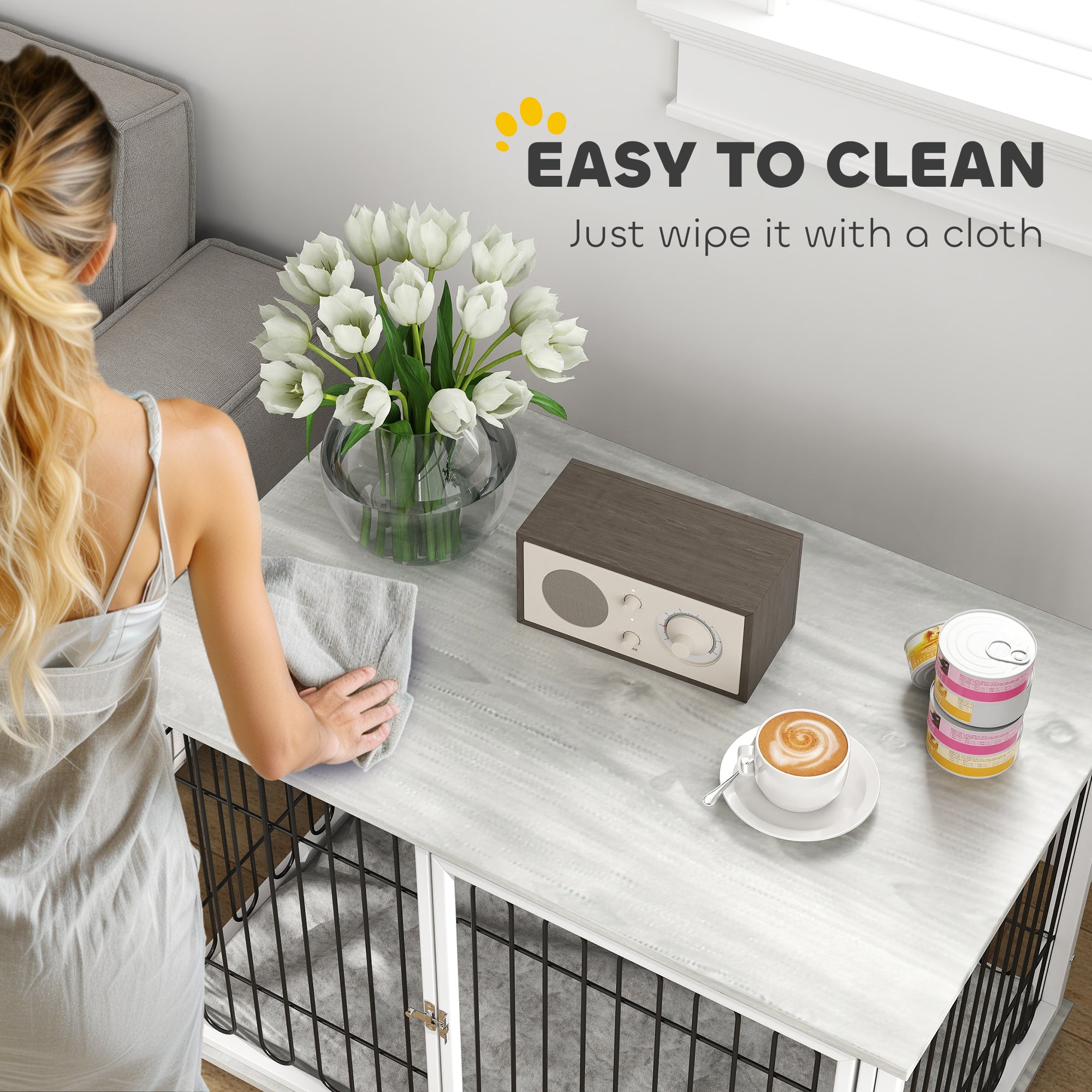 35in Dog Crate Furniture with Washable Cushion, Indoor Dog Kennel End Table with Adjustable Feet for Medium Dogs, Grey