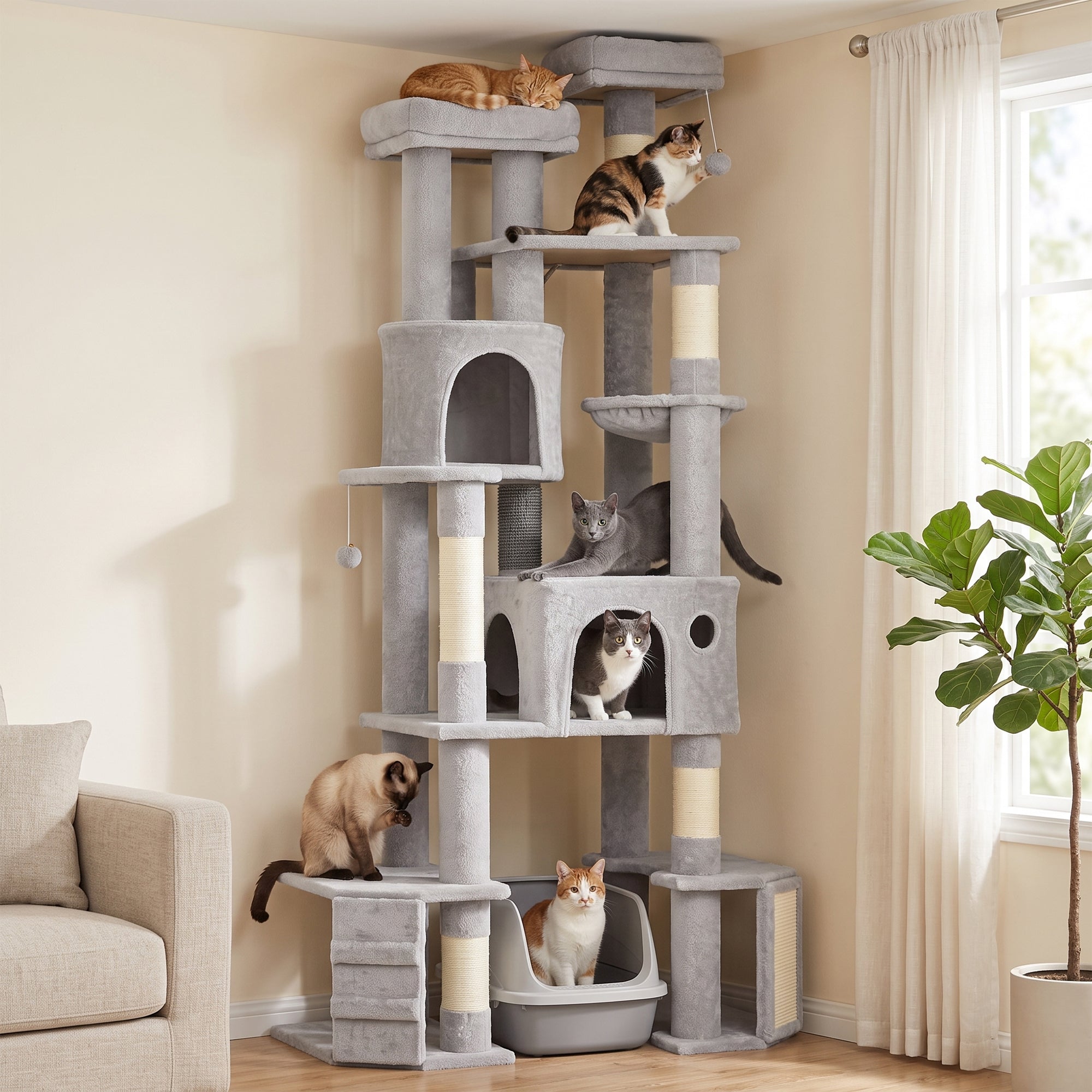79" Tall Cat Tree for Indoor Large Cats Adult, Multi-Level Kitty Tower Split Baseboard, 2 Condos, 2 Beds, 5 Sisal Scratching Posts, Hammock, Self-Grooming Brush
