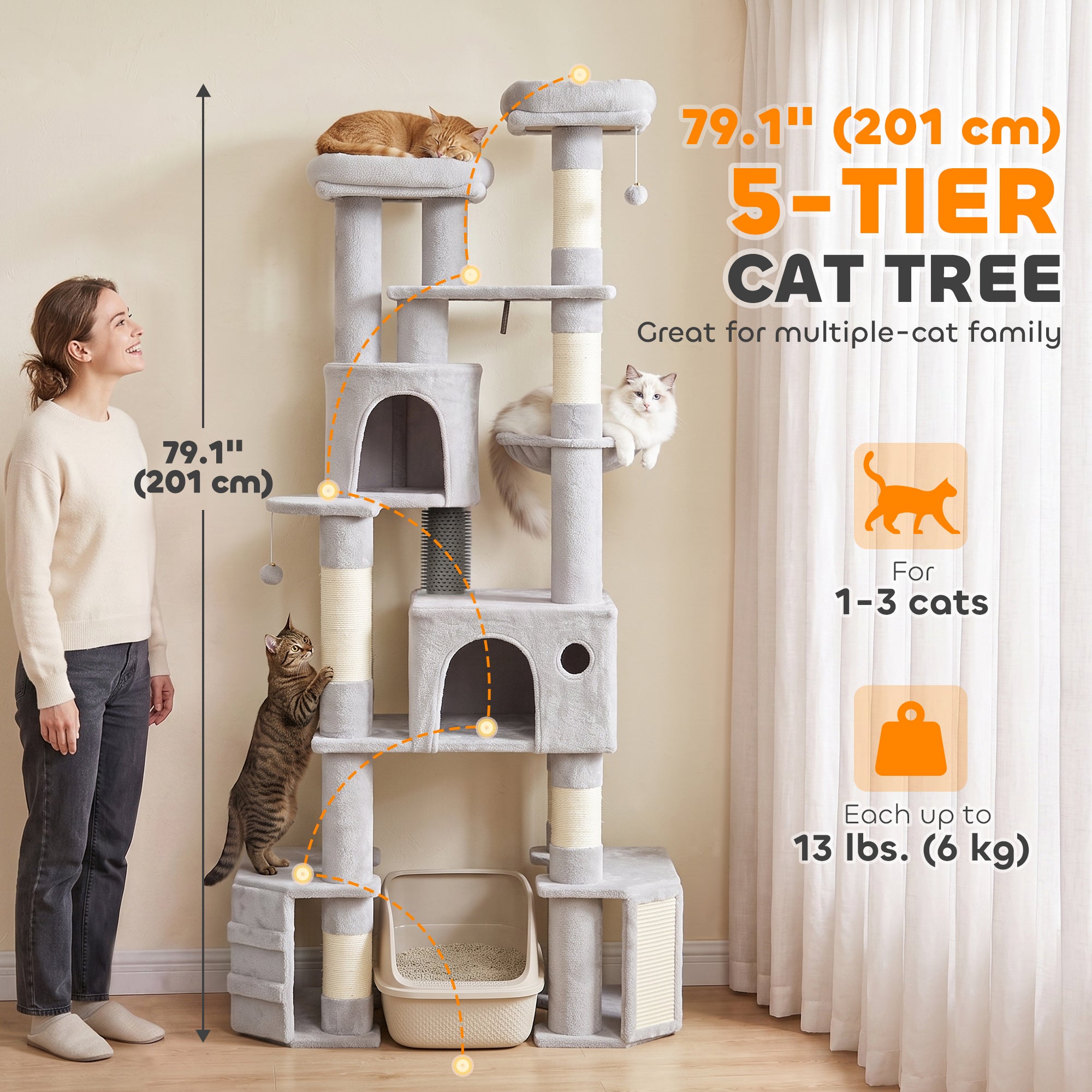 79" Tall Cat Tree for Indoor Large Cats Adult, Multi-Level Kitty Tower Split Baseboard, 2 Condos, 2 Beds, 5 Sisal Scratching Posts, Hammock, Self-Grooming Brush