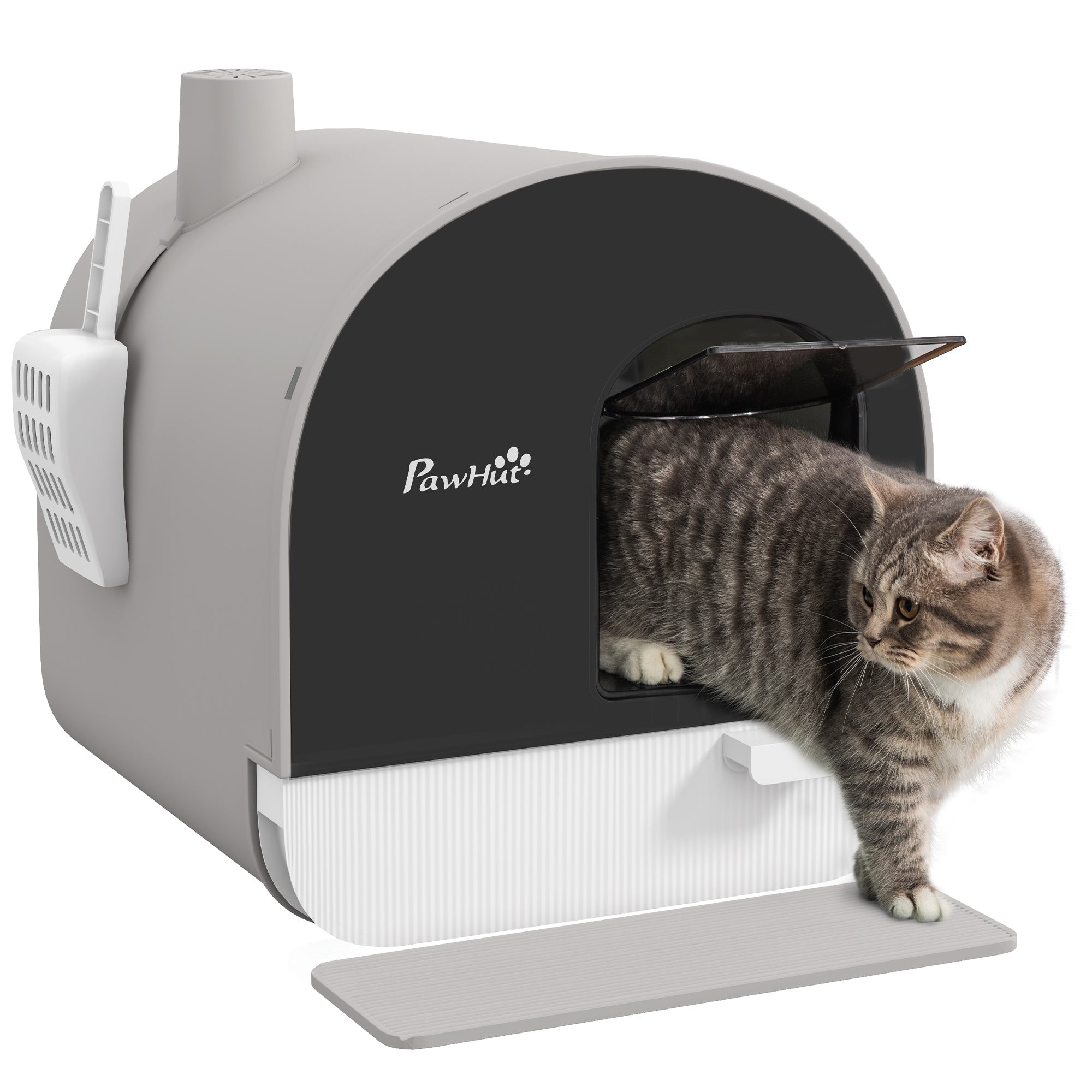 Large Cat Litter Box with Lid, Enclosed Kitty Litter Box with Slide-out Tray, Scoop, Filter, Light Grey