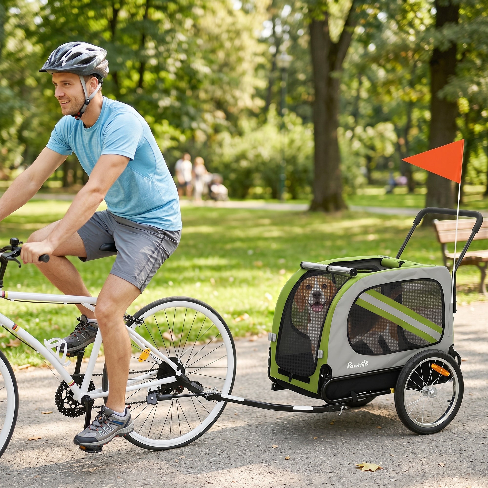 Dog Bike Trailer, 2-in-1 Dog Wagon Pet Stroller for Travel with Universal Wheel Reflectors Flag, for Small and Medium Pets, Green