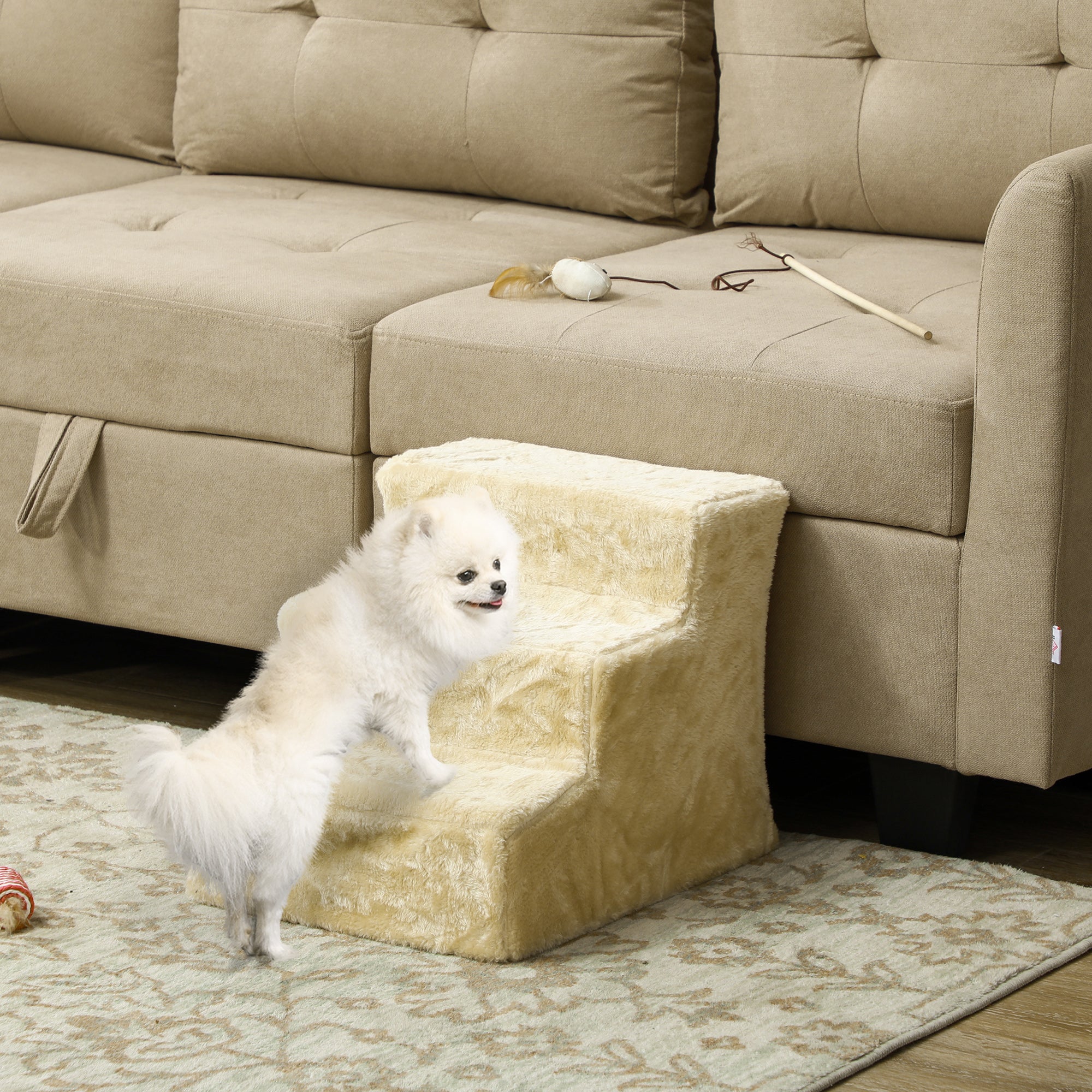 Dog Steps for Sofa, 3 Steps Dog Stairs, Pet Stairs, with Washable Plush Cover, for Small Breeds, Cats - Beige