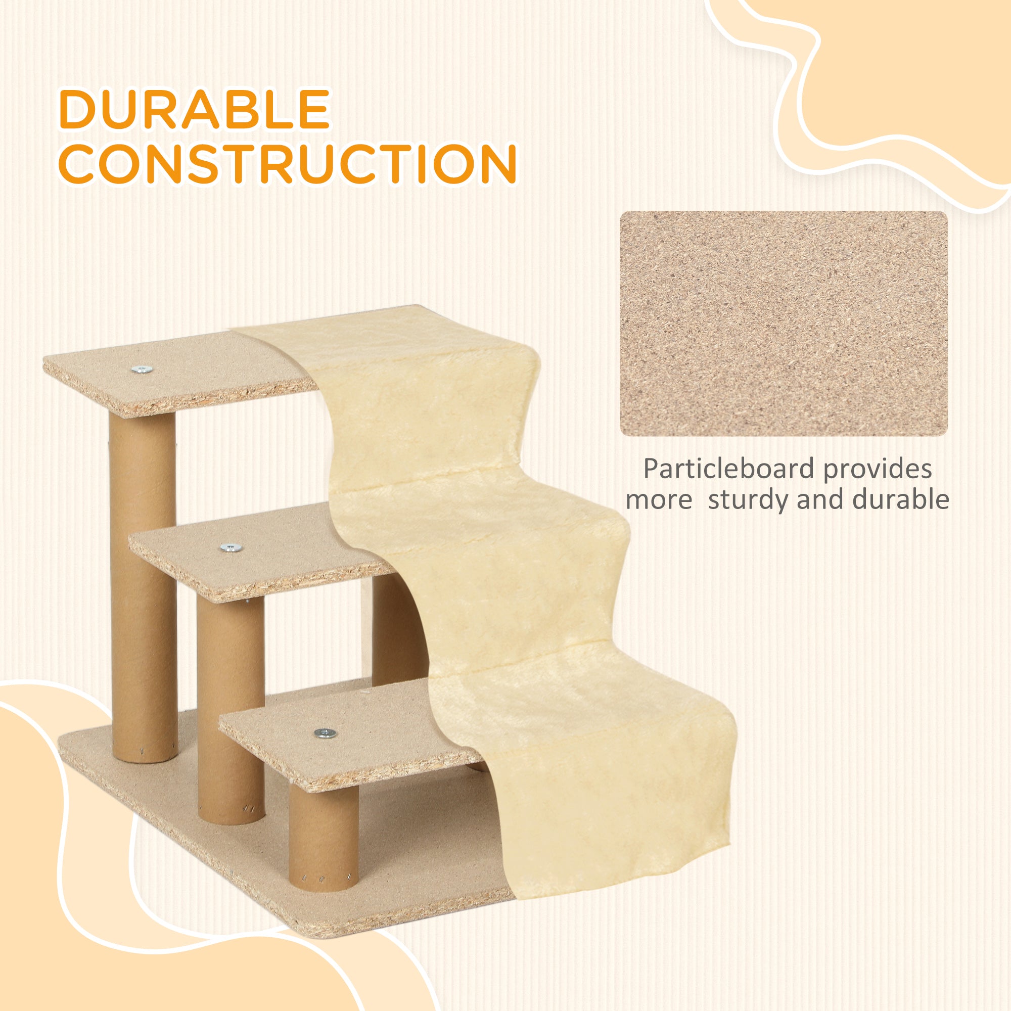 Dog Steps for Sofa, 3 Steps Dog Stairs, Pet Stairs, with Washable Plush Cover, for Small Breeds, Cats - Beige