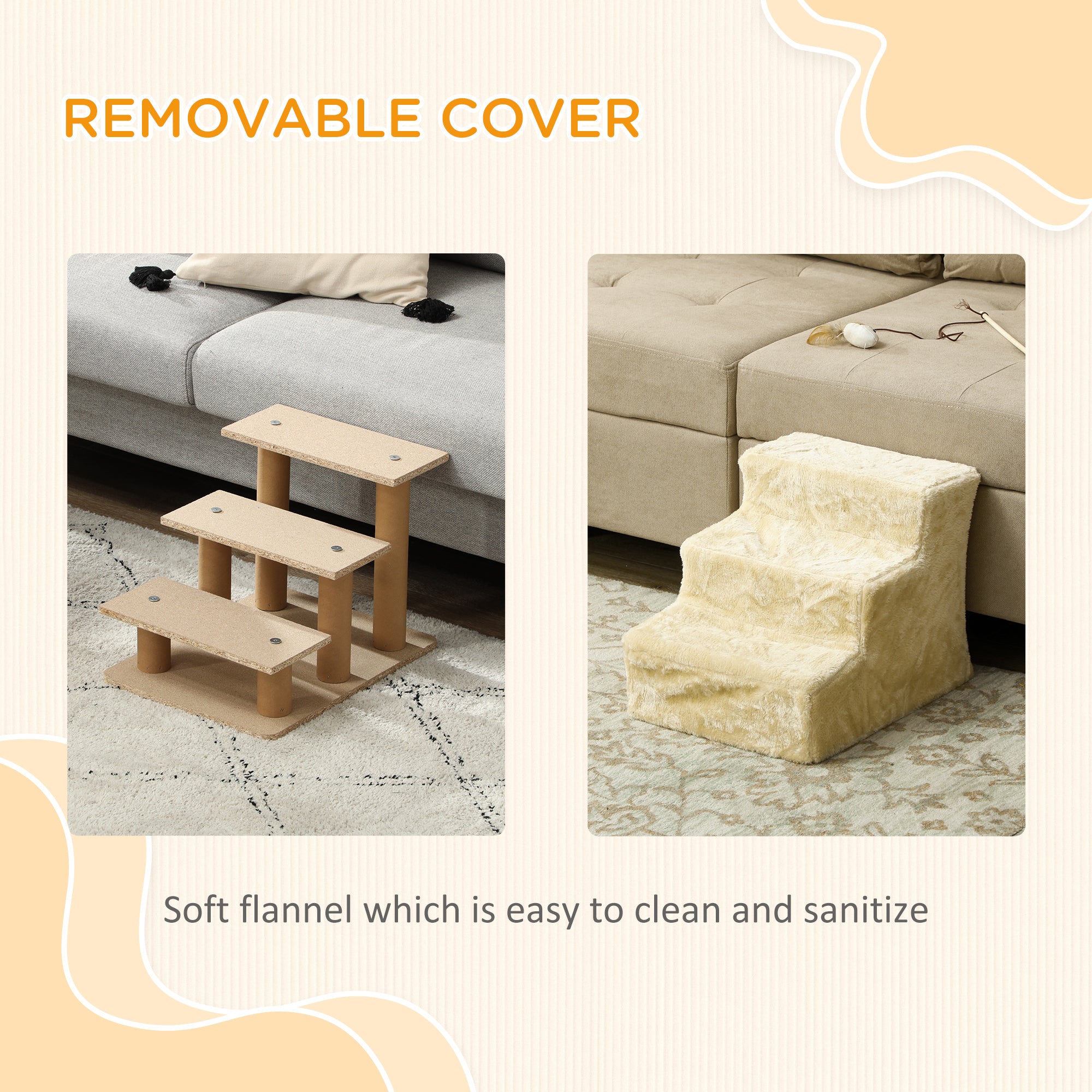 Dog Steps for Sofa, 3 Steps Dog Stairs, Pet Stairs, with Washable Plush Cover, for Small Breeds, Cats - Beige