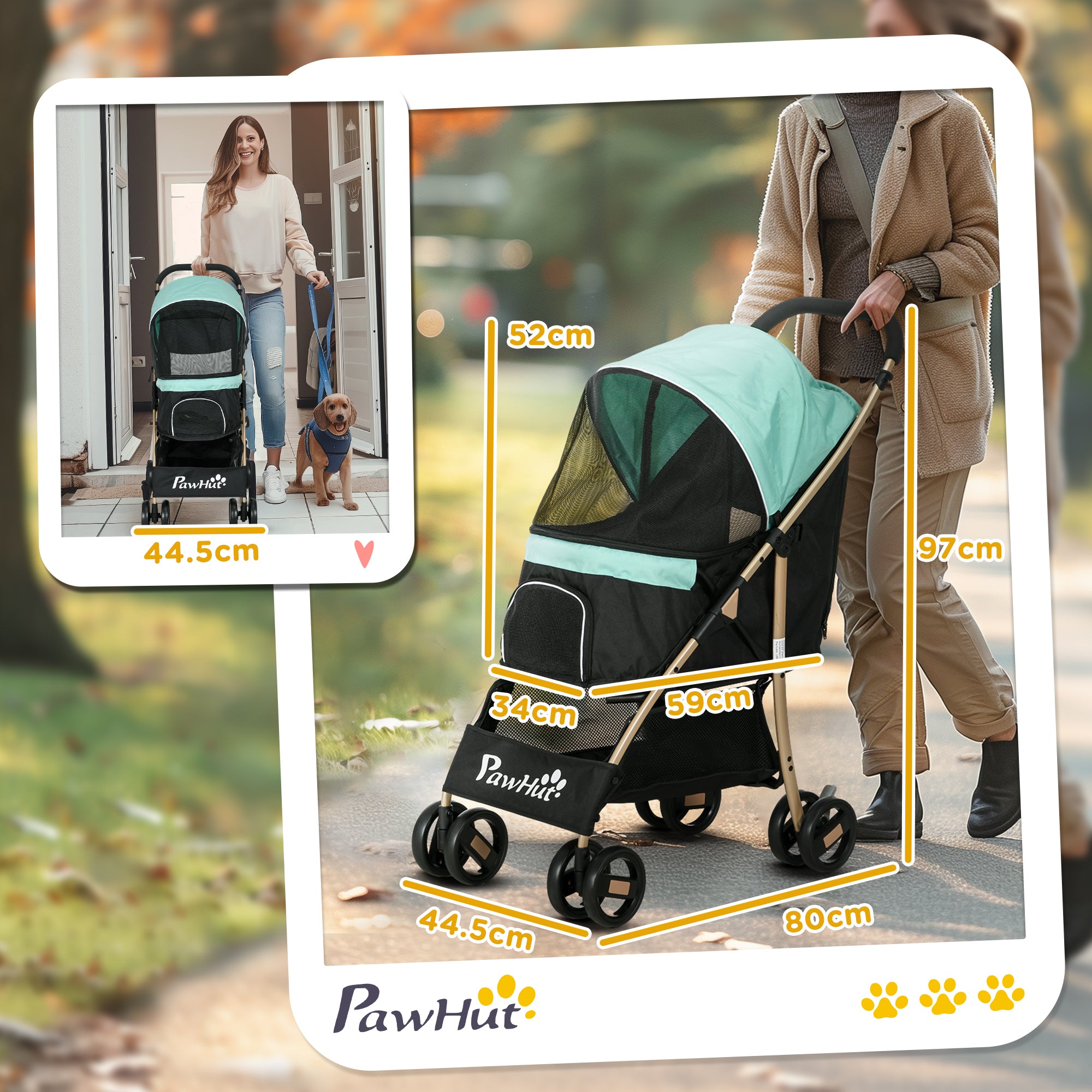 Dog Stroller with Rain Cover, Foldable Dog Pram, 4 Wheels Pet Pushchair with Safety Leashes, for Small, Miniature Dogs, Cats - Green