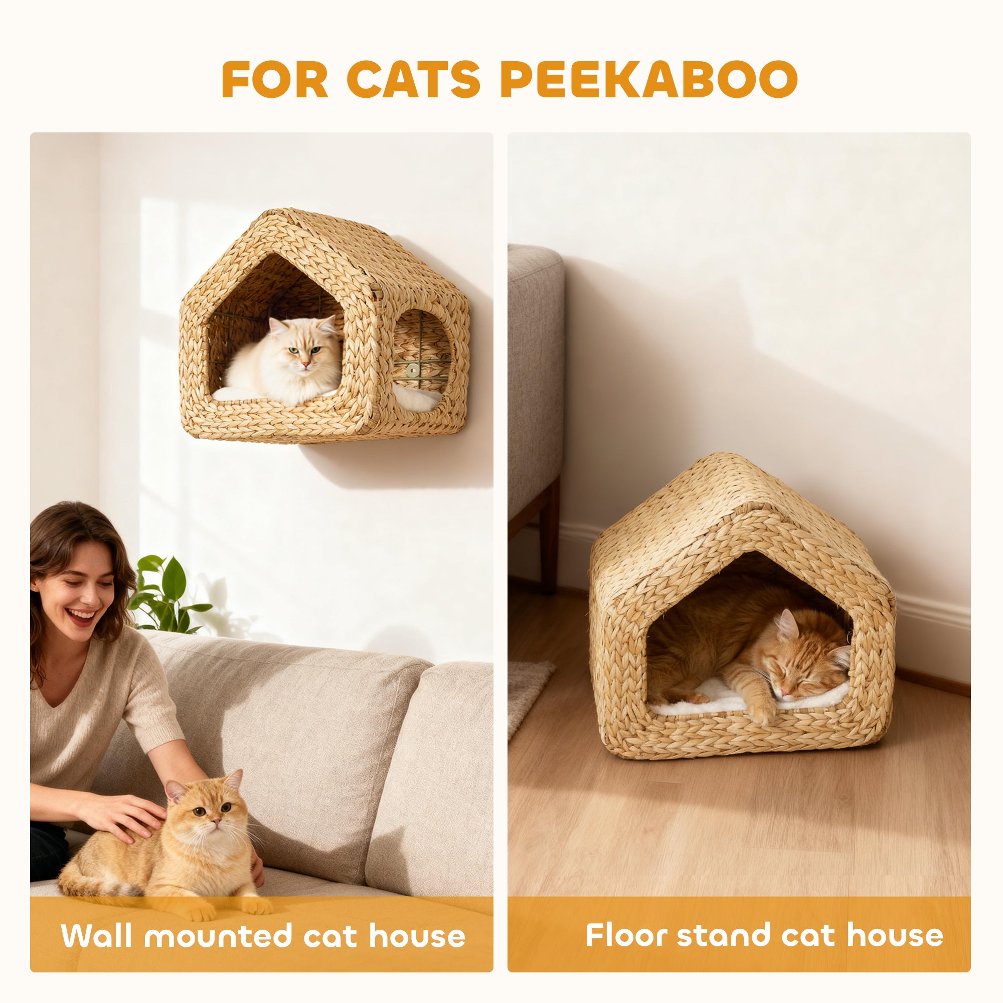 Wall Mounted Cat House, Cat Wall Condo Furniture with Washable Cushion, Kitty Shelf Bed for Indoor Cats Kittens, Natural