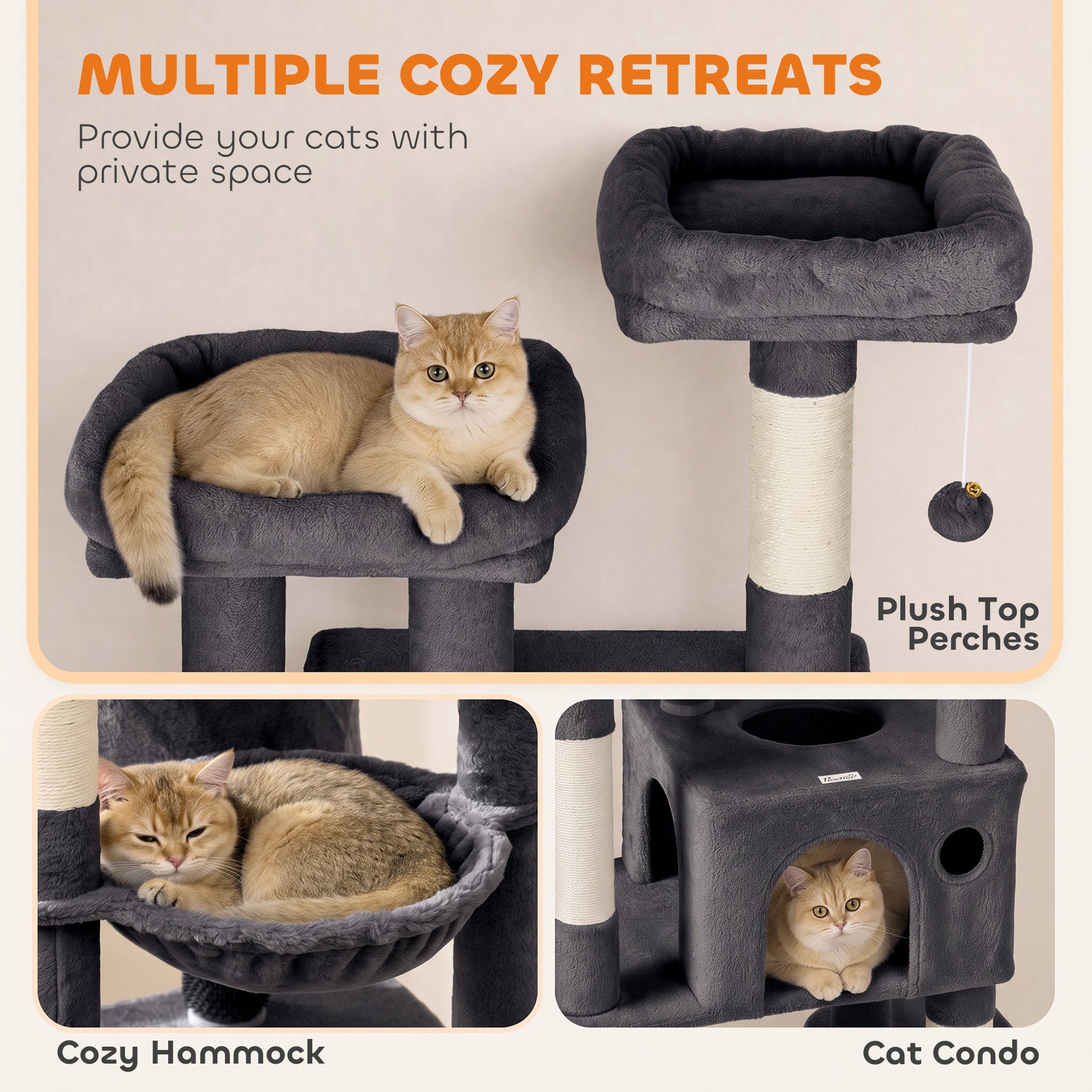 Extra Large Cat Tree Tower with Dual Baseboard, 79-Inch Heavy Duty Cat Tree for Indoor Large Adult Big Kittens with 5 Scratching Posts, 2 Condos, 2 Top Perches, Hammock, Self-Grooming Brush
