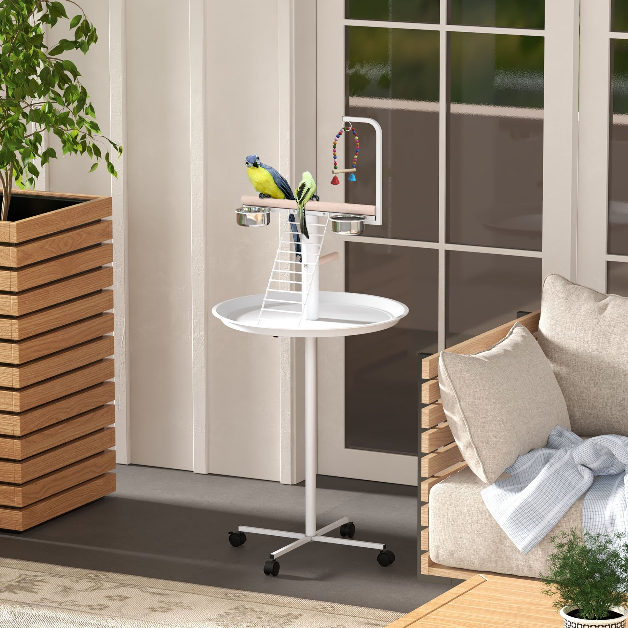 Bird Table, Bird Feeding Station with Wheels, Perches, Stainless Steel Feed Bowls, Round Tray for Indoor - White