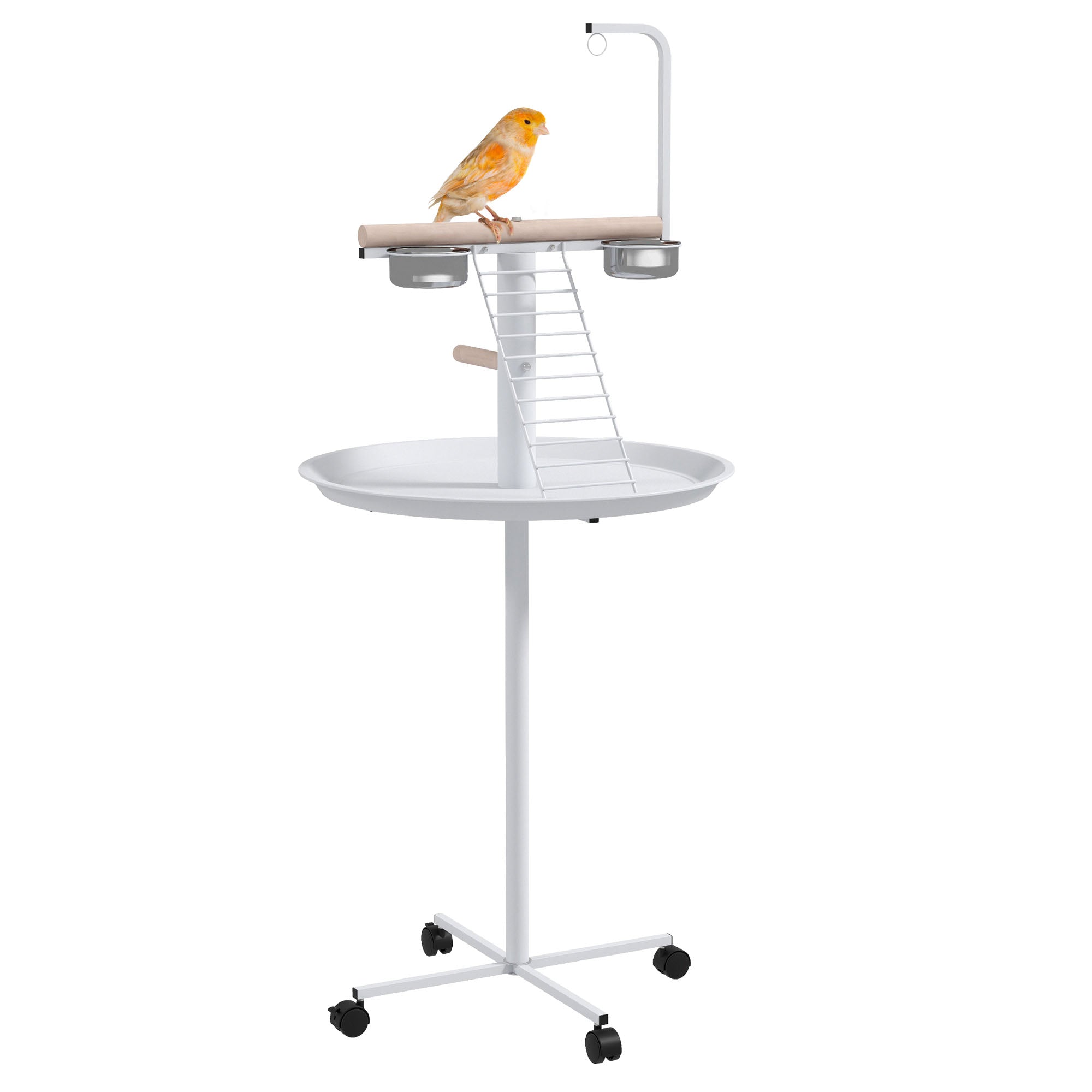 Bird Table, Bird Feeding Station with Wheels, Perches, Stainless Steel Feed Bowls, Round Tray for Indoor - White