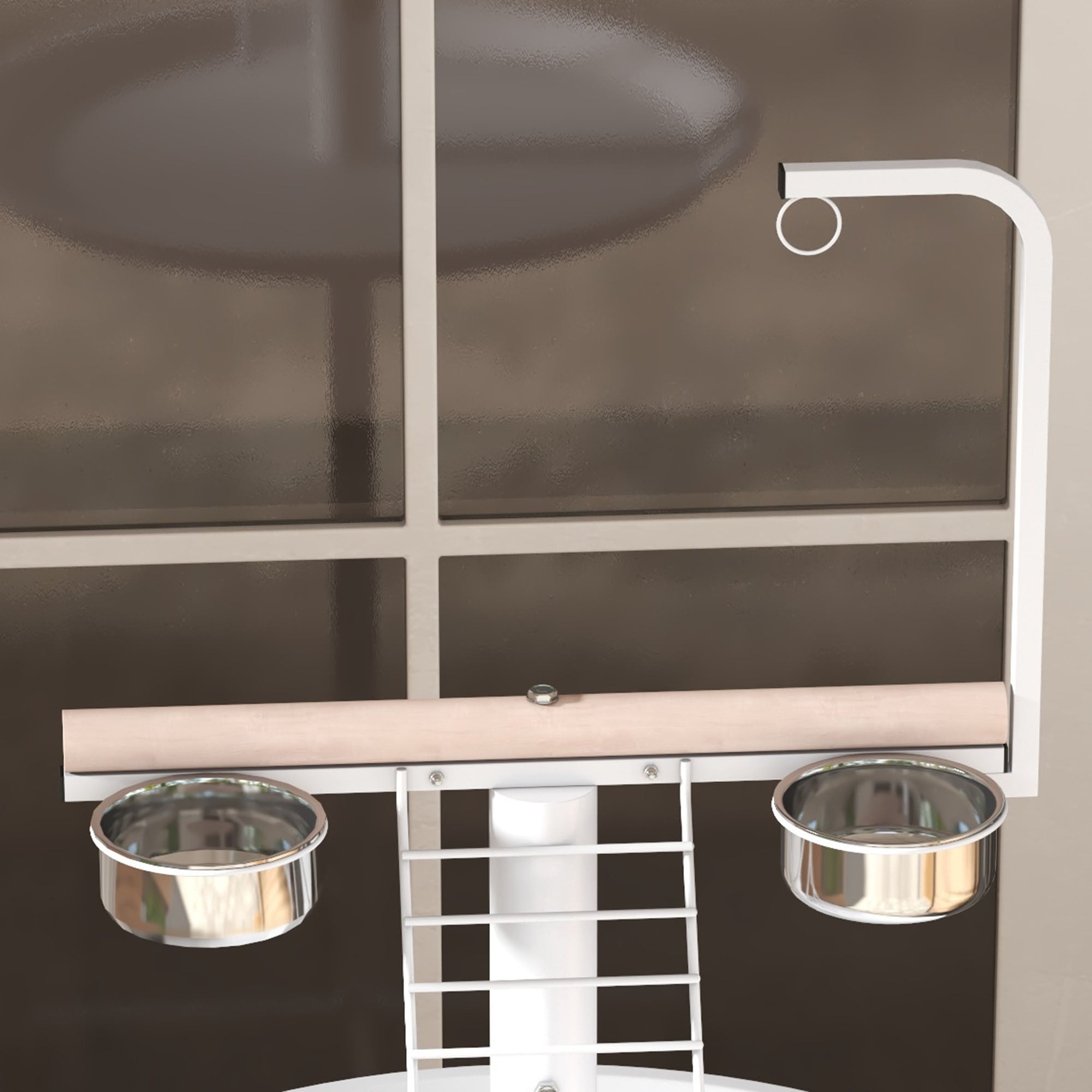 Bird Table, Bird Feeding Station with Wheels, Perches, Stainless Steel Feed Bowls, Round Tray for Indoor - White