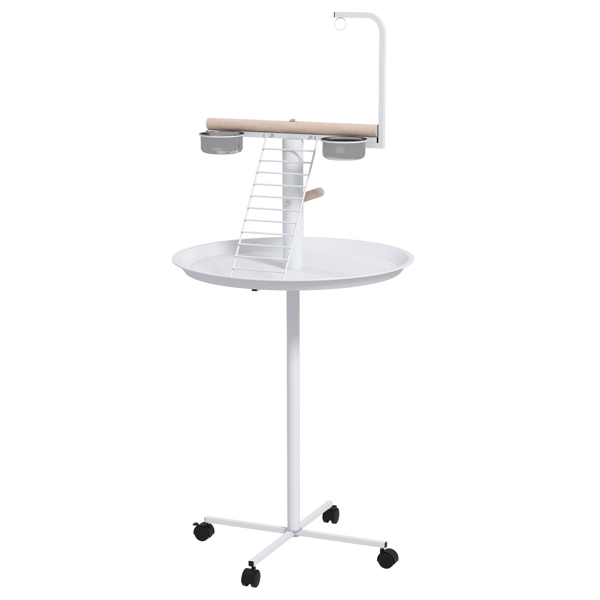 Bird Table, Bird Feeding Station with Wheels, Perches, Stainless Steel Feed Bowls, Round Tray for Indoor - White