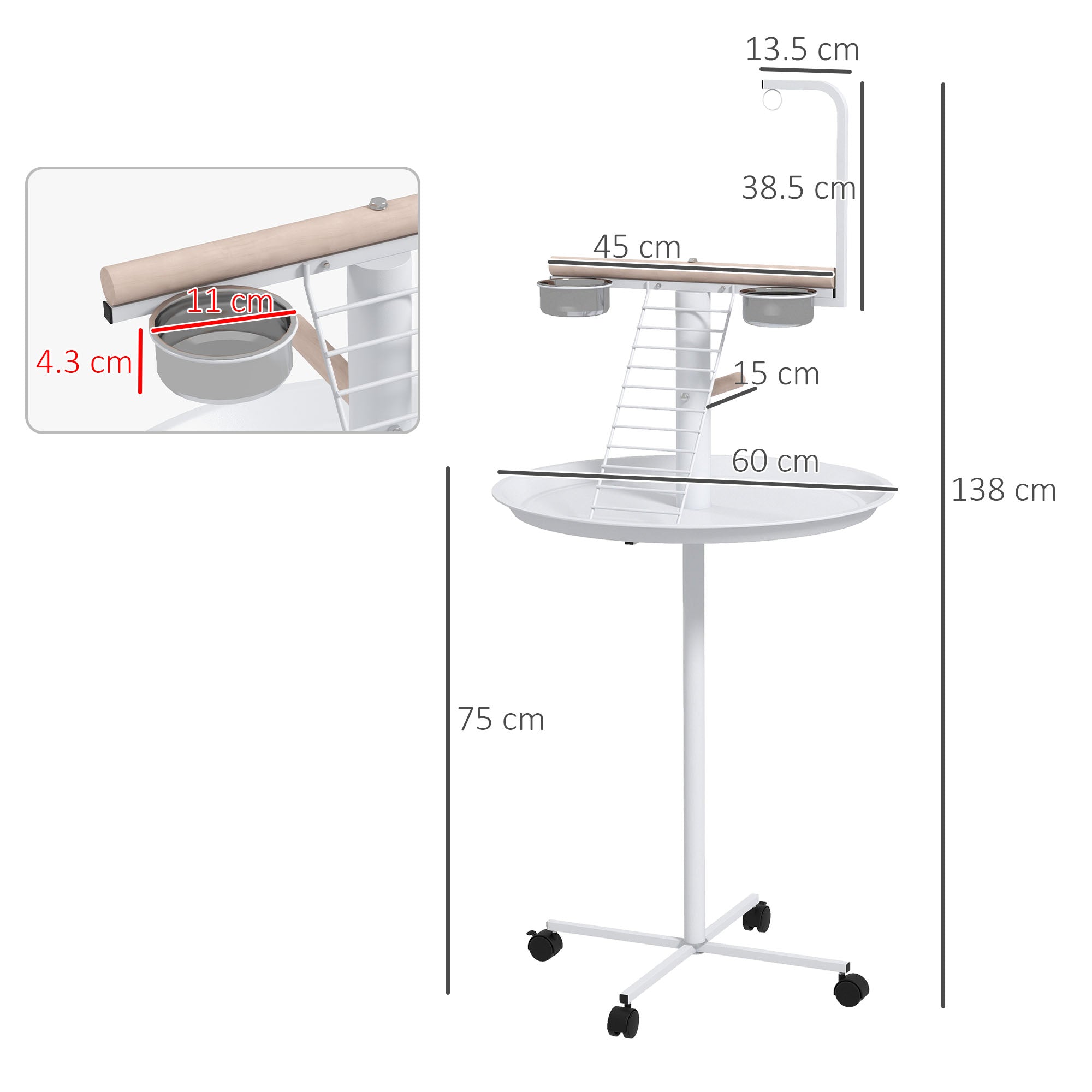 Bird Table, Bird Feeding Station with Wheels, Perches, Stainless Steel Feed Bowls, Round Tray for Indoor - White