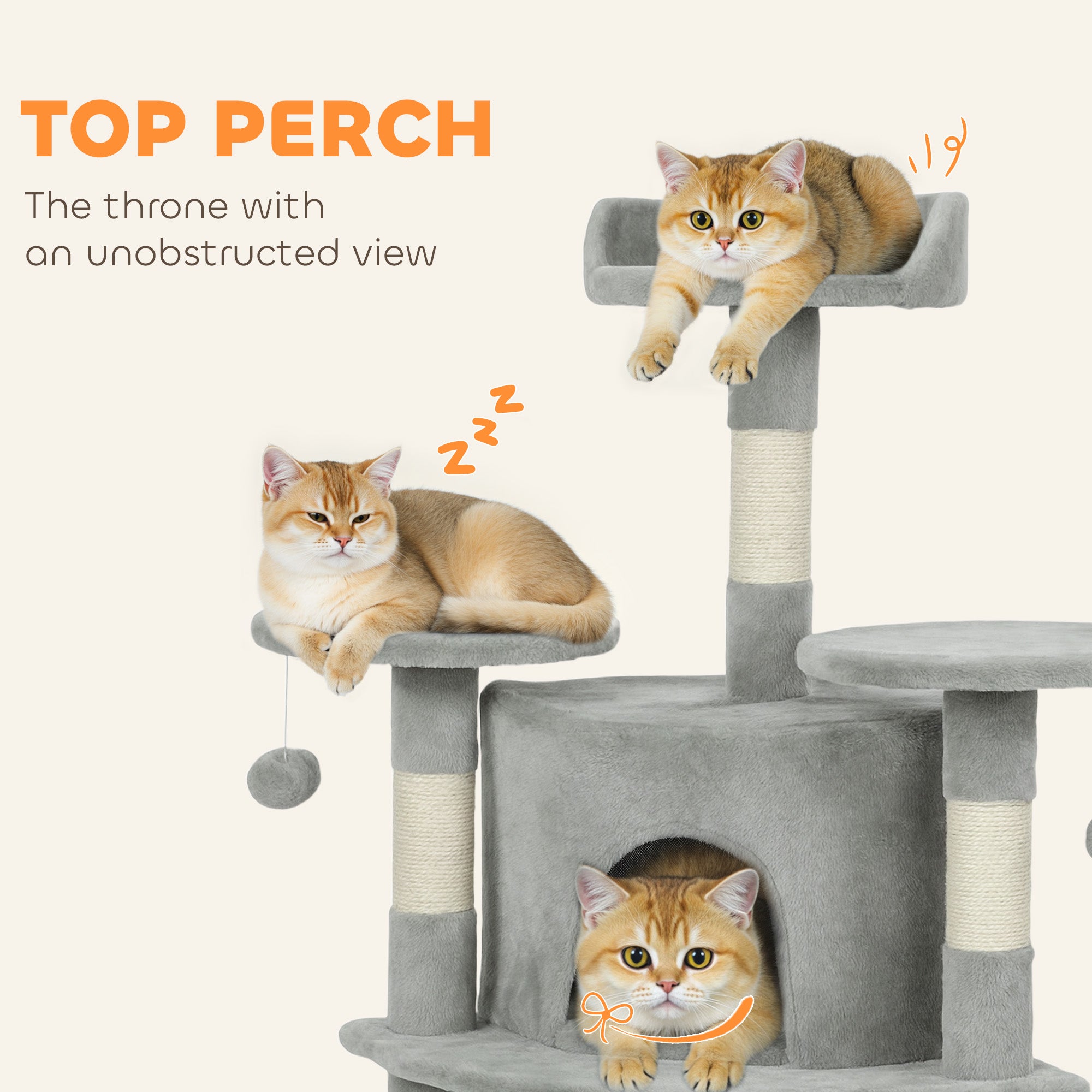 Cat Tree, 62" Multi-Level Cat Tower with Scratching Posts, 2 Condos, Hammock, Perches, Plush, Pompoms, for Indoor Kittens Playing, Resting, Sleeping, Light Grey