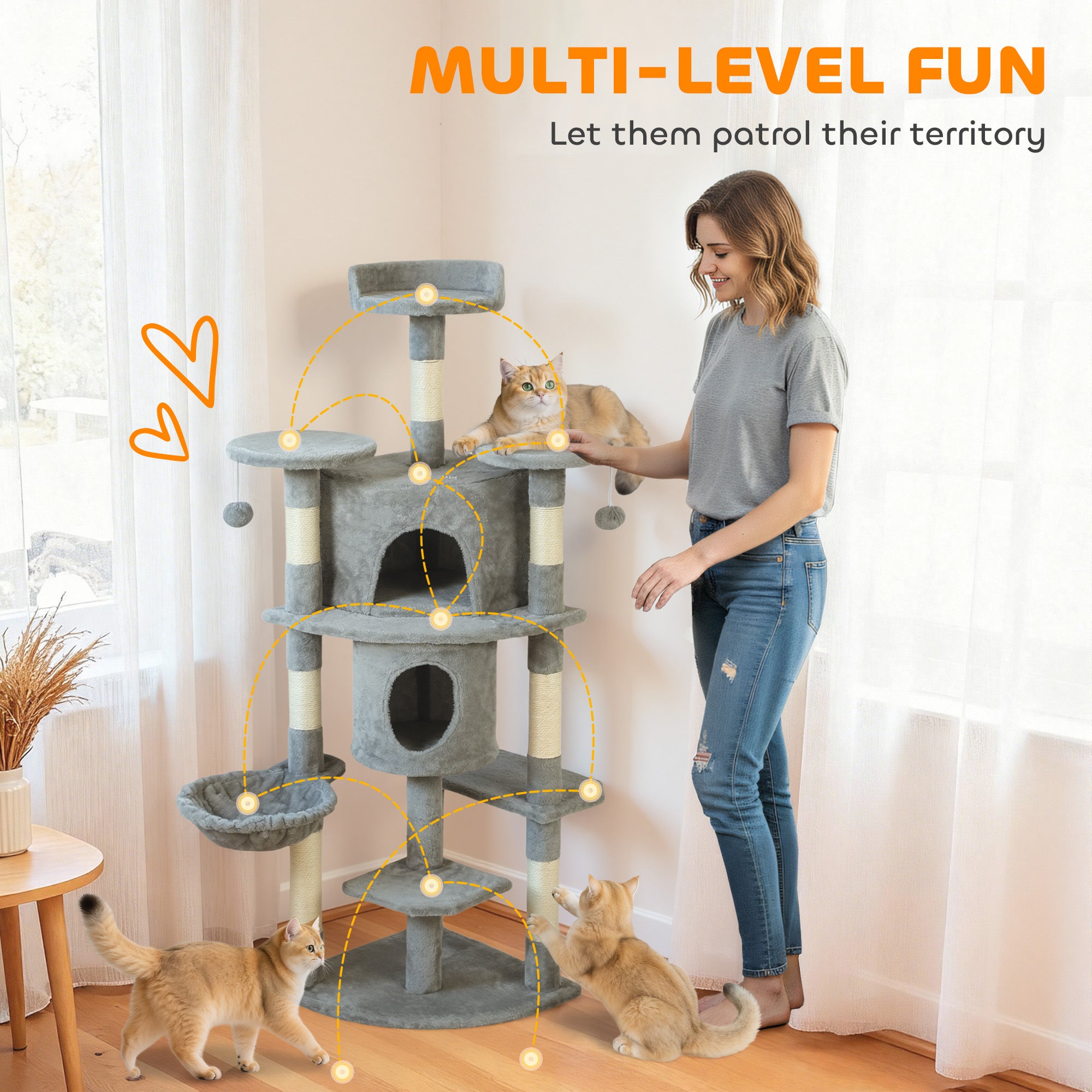 Cat Tree, 62" Multi-Level Cat Tower with Scratching Posts, 2 Condos, Hammock, Perches, Plush, Pompoms, for Indoor Kittens Playing, Resting, Sleeping, Light Grey