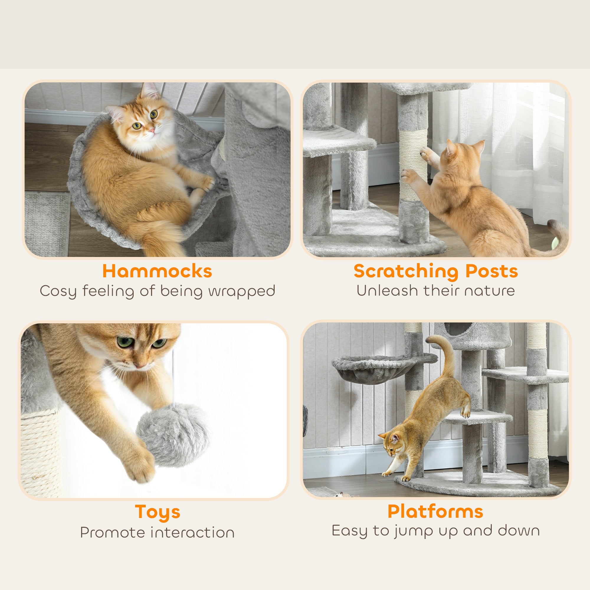 Cat Tree, 62" Multi-Level Cat Tower with Scratching Posts, 2 Condos, Hammock, Perches, Plush, Pompoms, for Indoor Kittens Playing, Resting, Sleeping, Light Grey