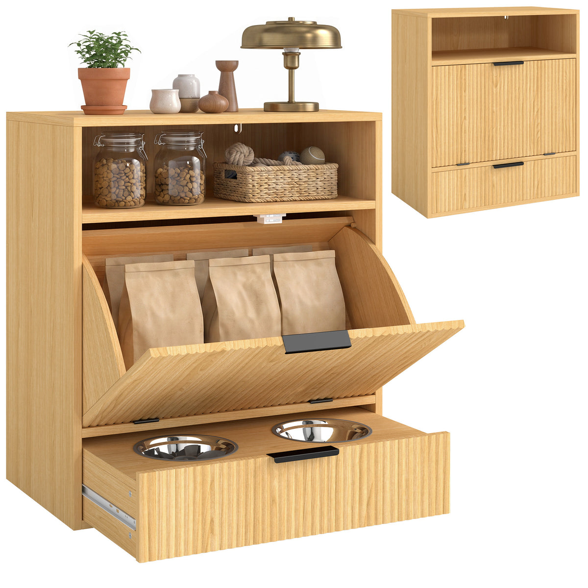 Pet Feeder Station with Storage, Dog Food Storage Container w/ 2 Raised Stainless Steel Bowls, Tilt Out Cabinet, Slow Feeder Mat for Water & Food, Pet Feeding Station for Small Medium, Oak