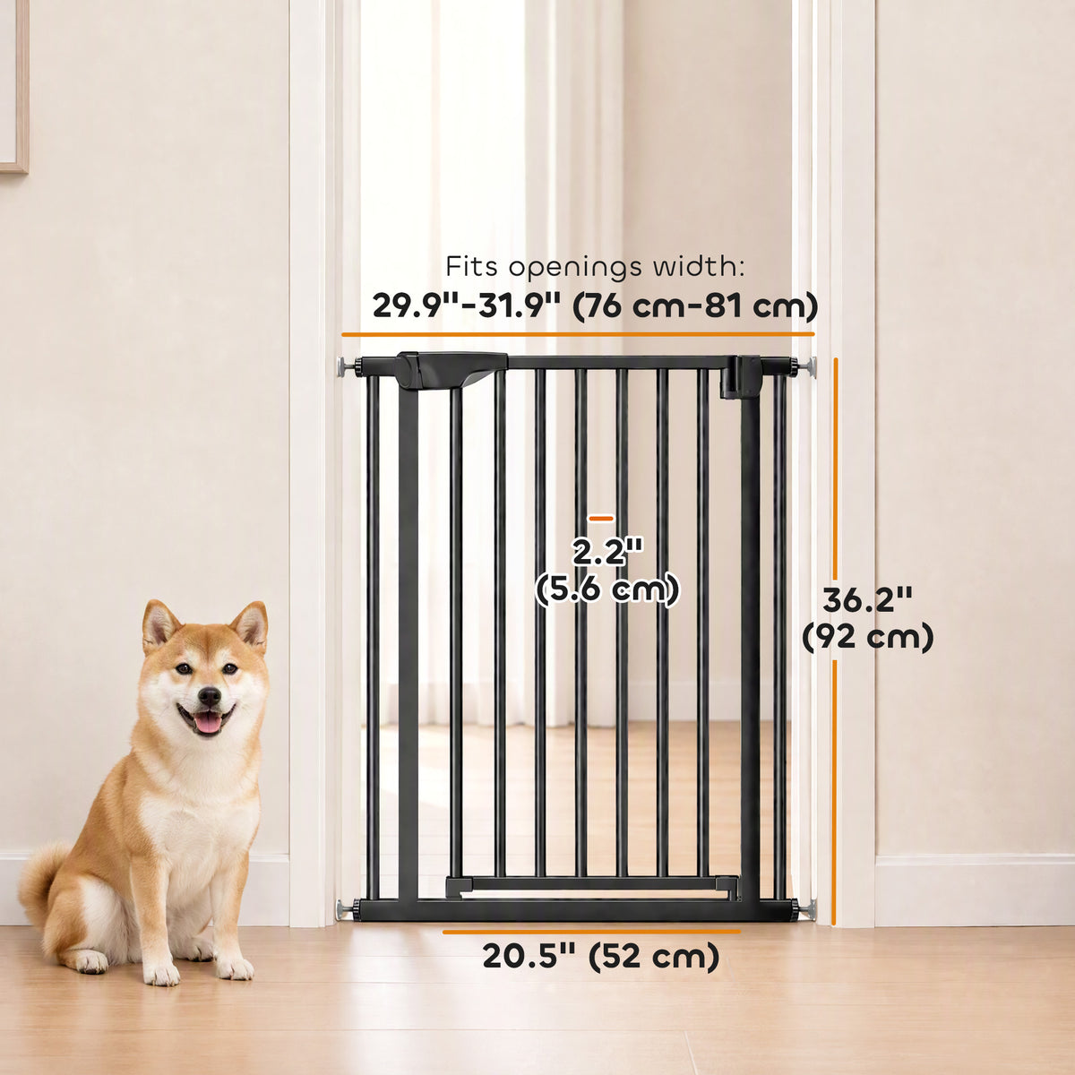 30"-32" Baby Gate, 36"H Pet Gate with Auto-Close, Two-Way Open, Pressure Mounted for Stairs, Doorways and Hallways, Black
