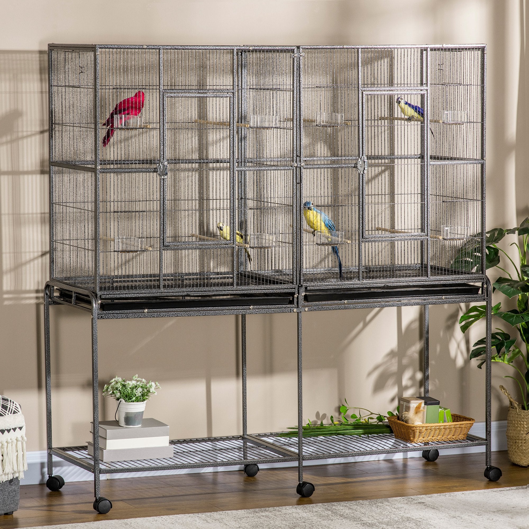 65" Double Rolling Metal Bird Cage with Divider, Large Parrot Cage for Parakeet, Canaries, Lovebirds, Budgie, Finch, with Detachable Rolling Stand, Storage Shelf, Wood Perch & Food Container