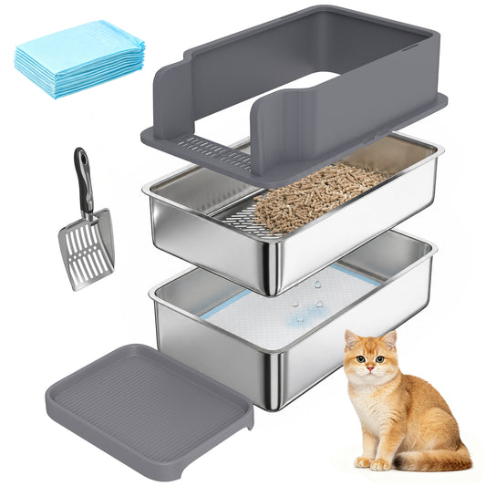 Stainless Steel Sifting Litter Box for Pine Pellets, Large Metal Litter Box with Sifter Tray, High-Sided, Anti-Leakage, Odor Control, Litter Pedal, Metal Scoop, 10 Pee Pads, 22.8"x14.6"x11.8"