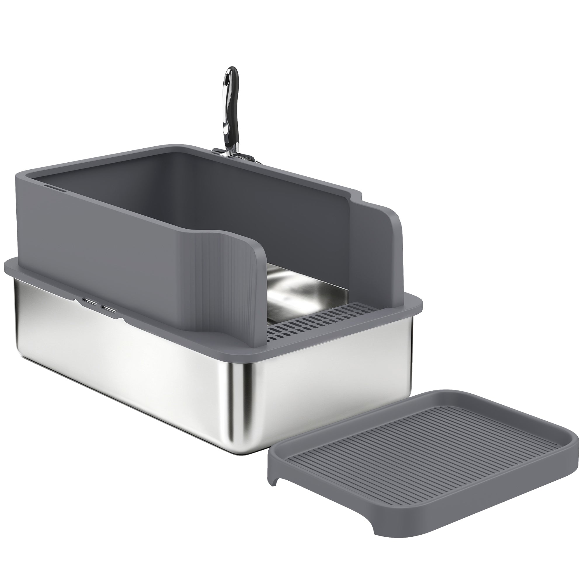 Stainless Steel Sifting Litter Box for Pine Pellets, Large Metal Litter Box with Sifter Tray, High-Sided, Anti-Leakage, Odor Control, Litter Pedal, Metal Scoop, 10 Pee Pads, 22.8"x14.6"x11.8"