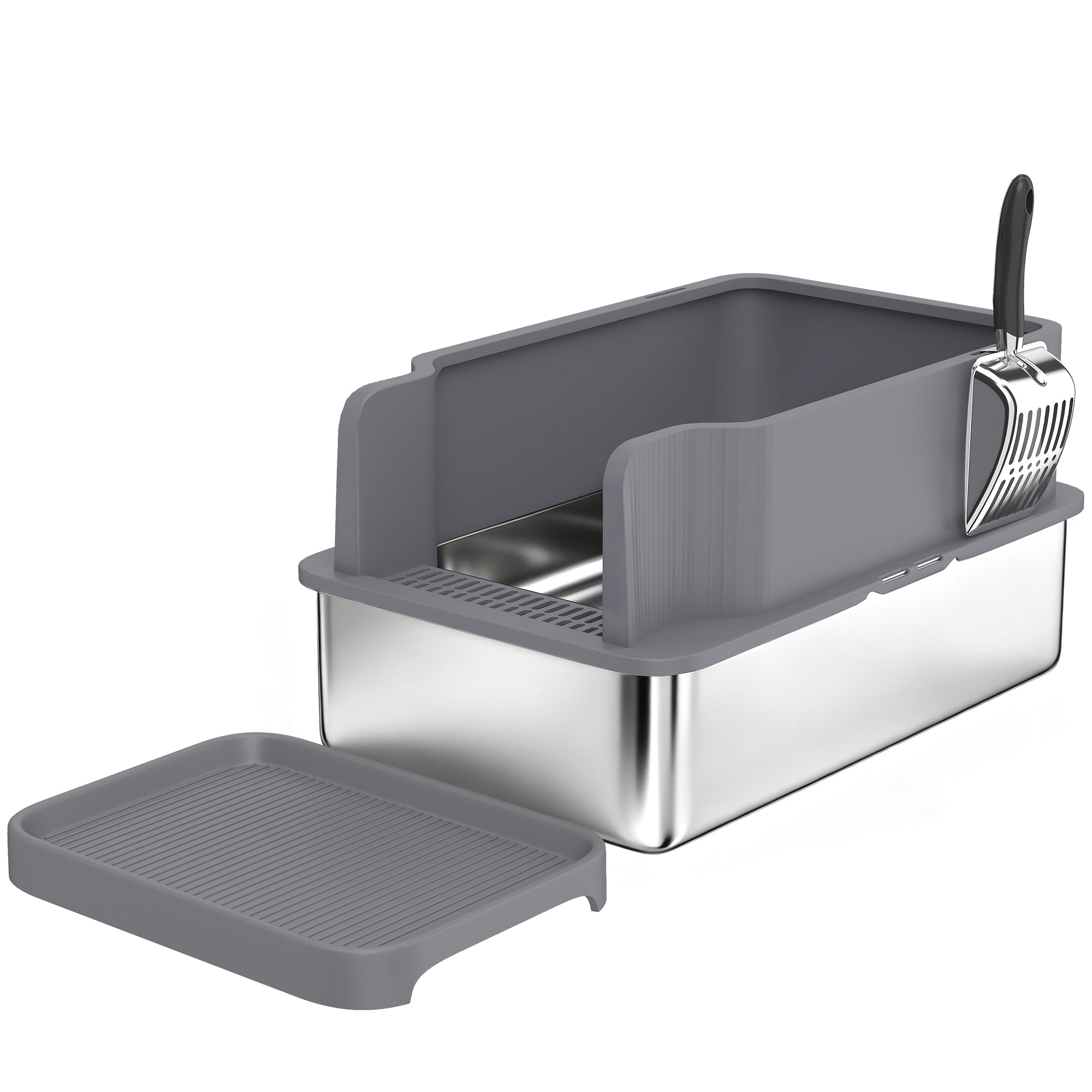 Stainless Steel Sifting Litter Box for Pine Pellets, Large Metal Litter Box with Sifter Tray, High-Sided, Anti-Leakage, Odor Control, Litter Pedal, Metal Scoop, 10 Pee Pads, 22.8"x14.6"x11.8"