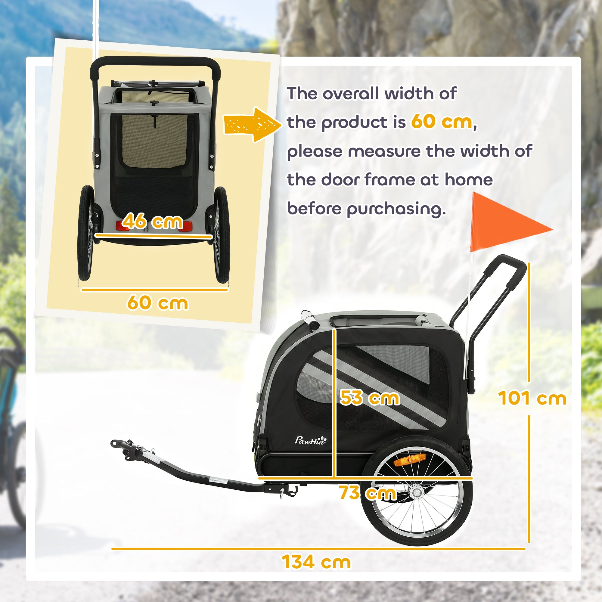 Dog Bike Trailer, 2 in 1 Foldable Pet Stroller Security Harness, Reflectors, Quick Release Wheels, Flag, for Medium Dogs, Grey