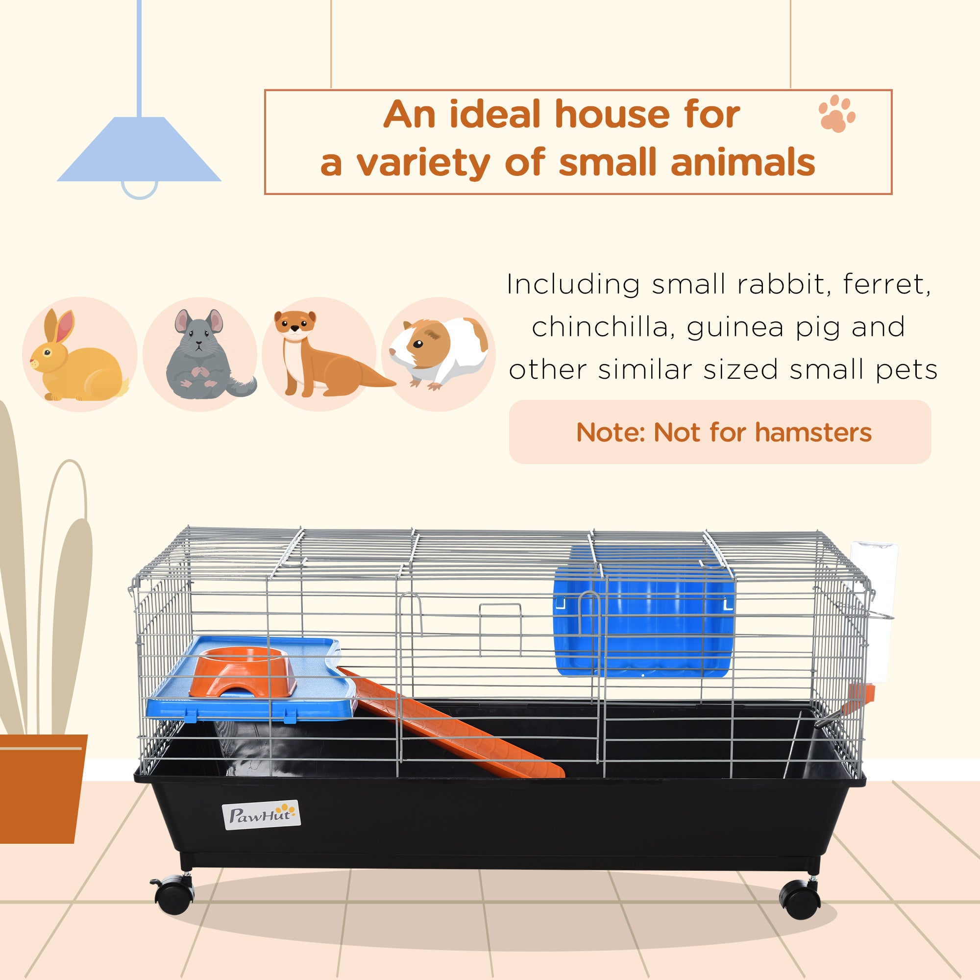 35" Small Animal Cage, Rolling Bunny Cage, Guinea Pig Cage with Food Dish, Water Bottle, Hay Feeder, Platform, Ramp for Chinchilla, Black