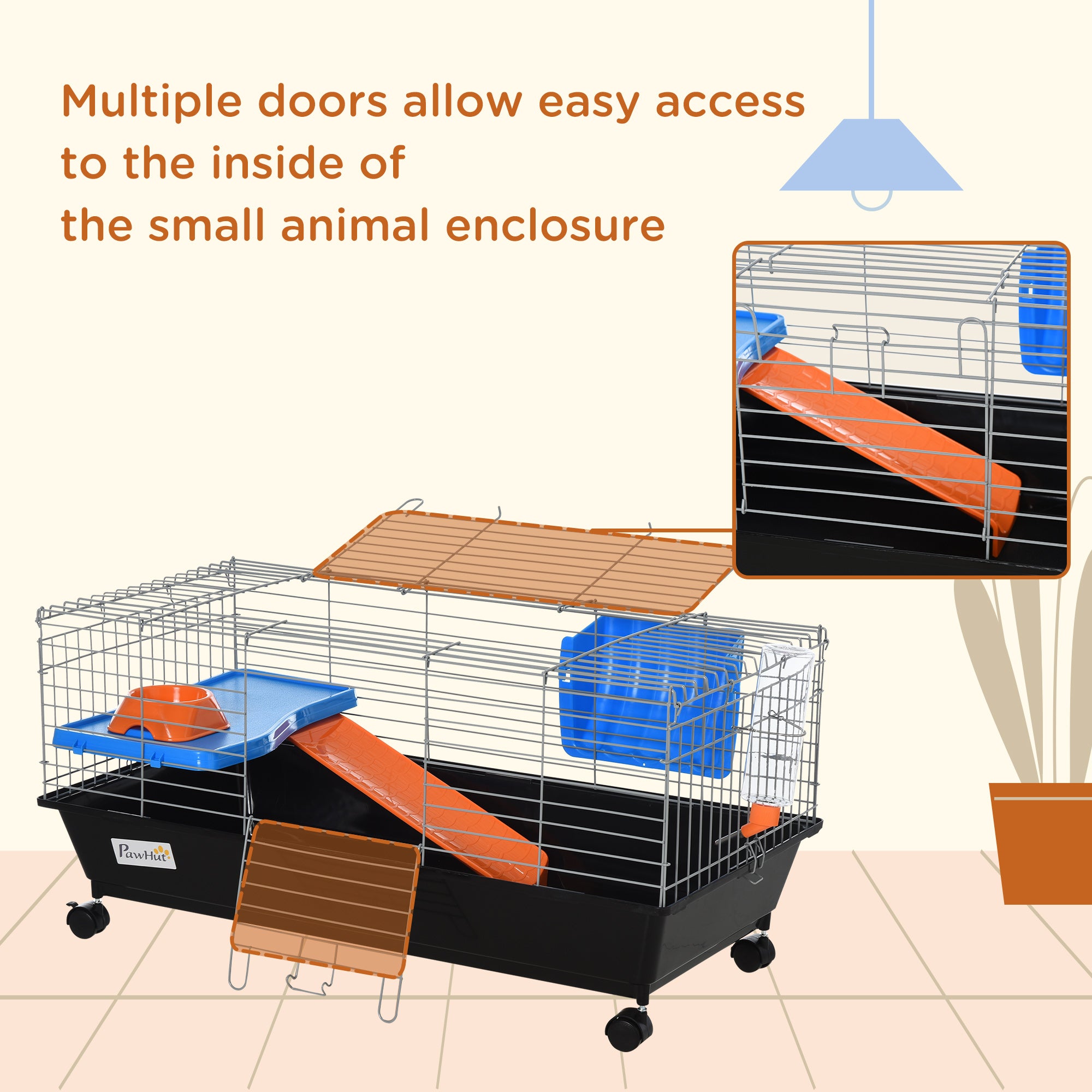 35" Small Animal Cage, Rolling Bunny Cage, Guinea Pig Cage with Food Dish, Water Bottle, Hay Feeder, Platform, Ramp for Chinchilla, Black