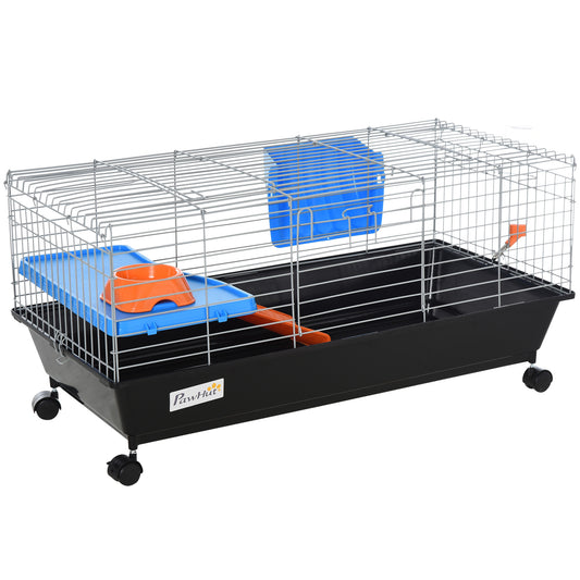 35" Small Animal Cage, Rolling Bunny Cage, Guinea Pig Cage with Food Dish, Water Bottle, Hay Feeder, Platform, Ramp for Chinchilla, Black