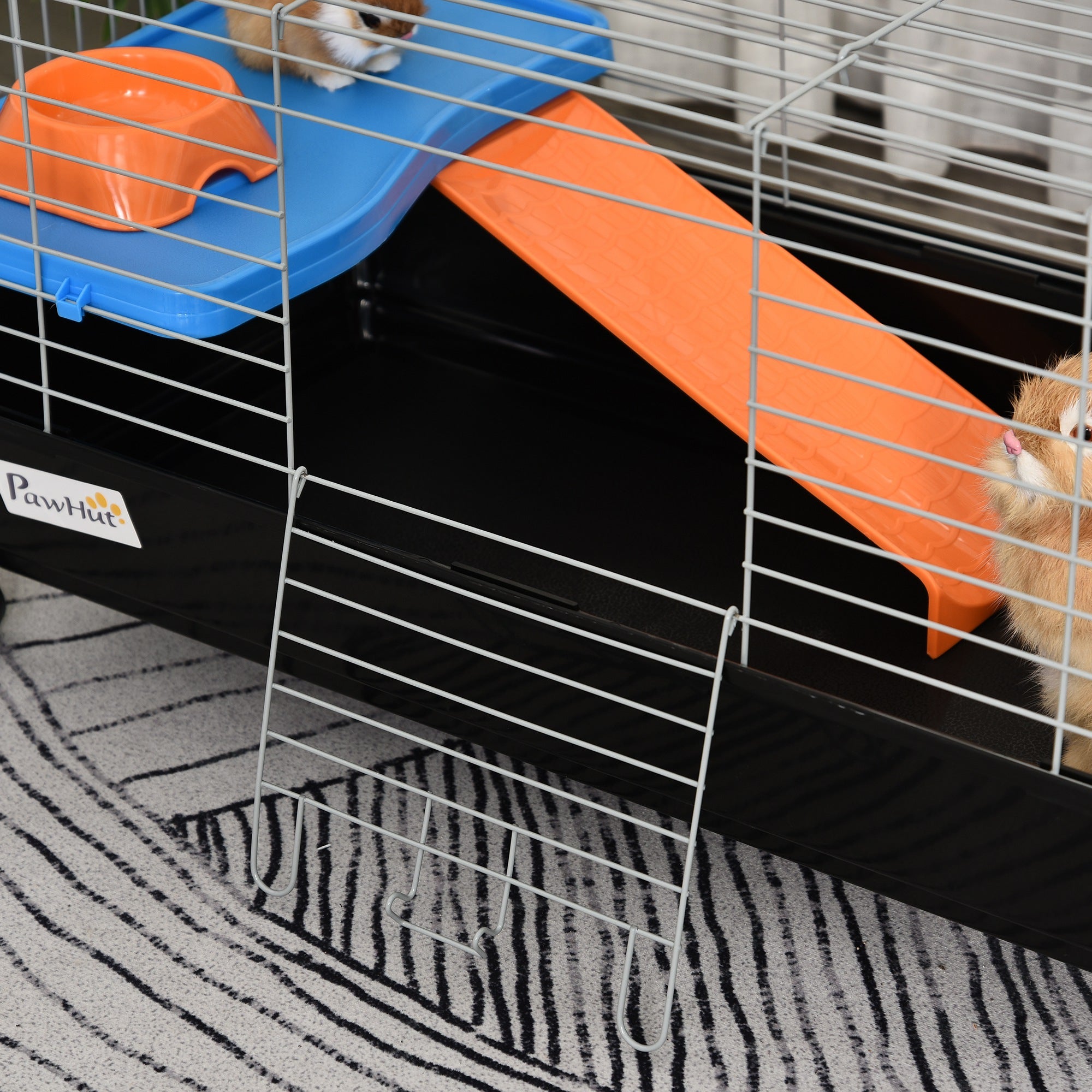 35" Small Animal Cage, Rolling Bunny Cage, Guinea Pig Cage with Food Dish, Water Bottle, Hay Feeder, Platform, Ramp for Chinchilla, Black