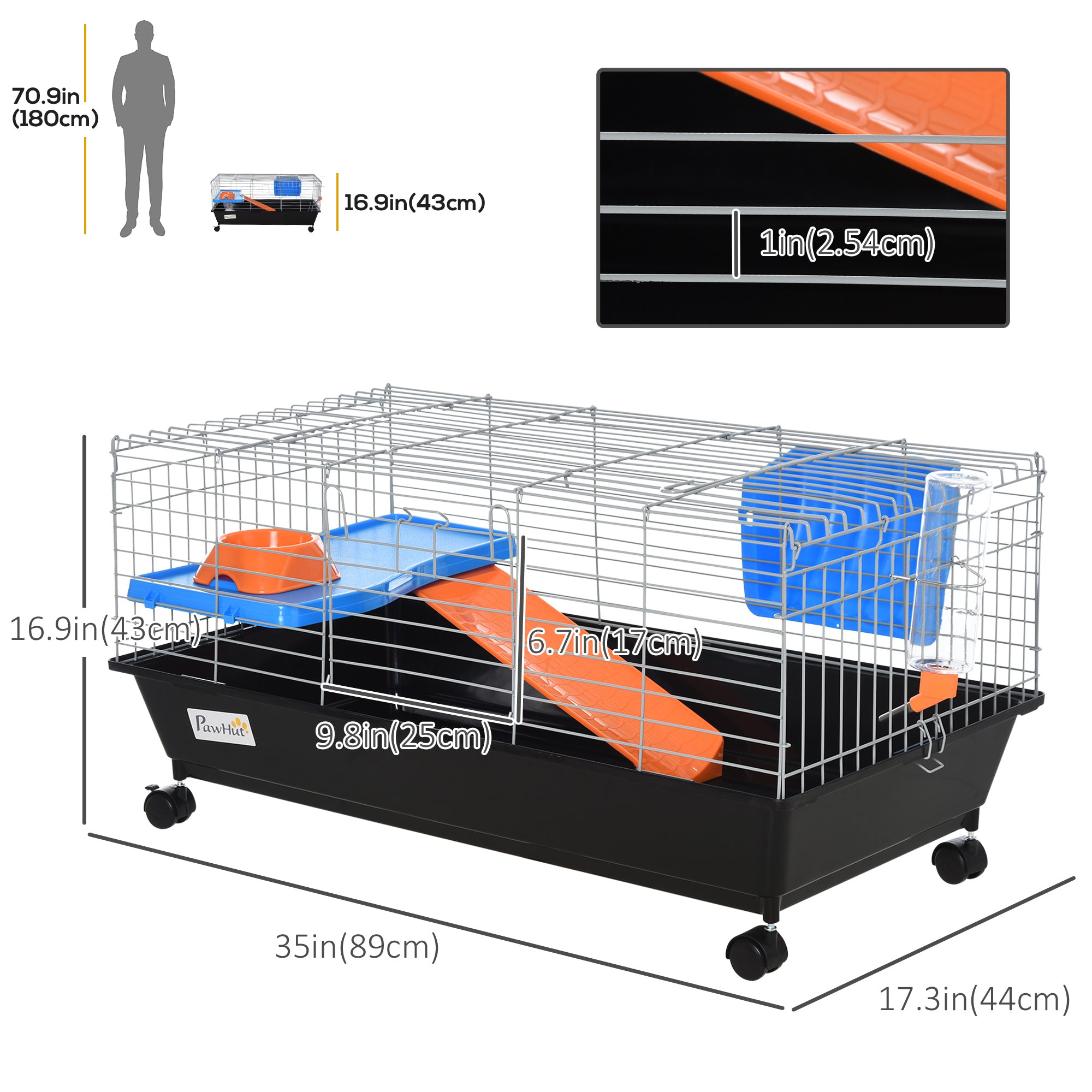 35" Small Animal Cage, Rolling Bunny Cage, Guinea Pig Cage with Food Dish, Water Bottle, Hay Feeder, Platform, Ramp for Chinchilla, Black