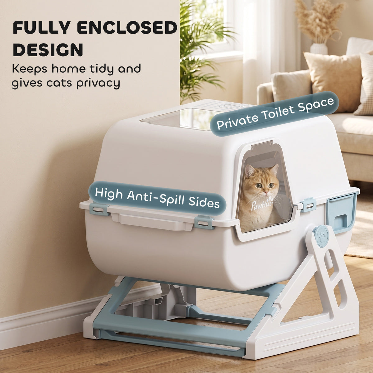 Cat Litter Box with Lid, Enclosed Cat Litter Box with Deodorization Bag & Drawer Pan, High Sides & Flip-to-Clean, Multi-Entry Design, Odor Control, Light Blue
