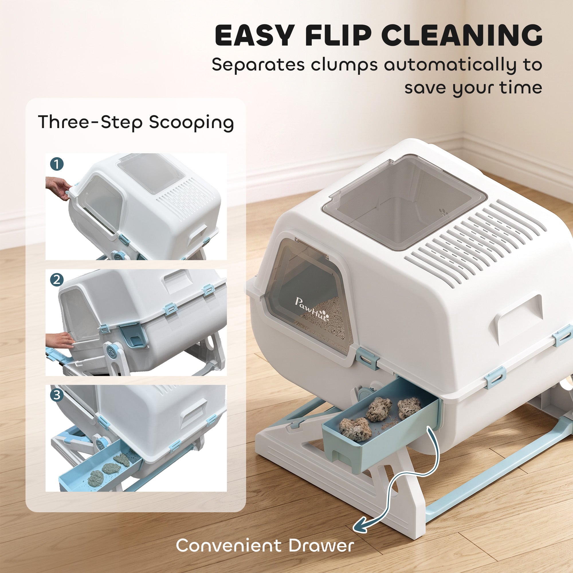 Cat Litter Box with Lid, Enclosed Cat Litter Box with Deodorization Bag & Drawer Pan, High Sides & Flip-to-Clean, Multi-Entry Design, Odor Control, Light Blue