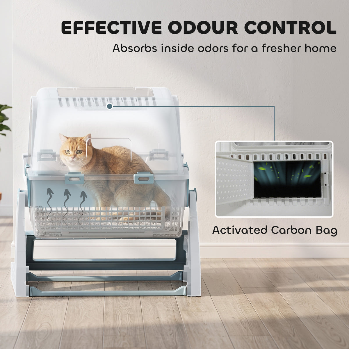 Cat Litter Box with Lid, Enclosed Cat Litter Box with Deodorization Bag & Drawer Pan, High Sides & Flip-to-Clean, Multi-Entry Design, Odor Control, Light Blue
