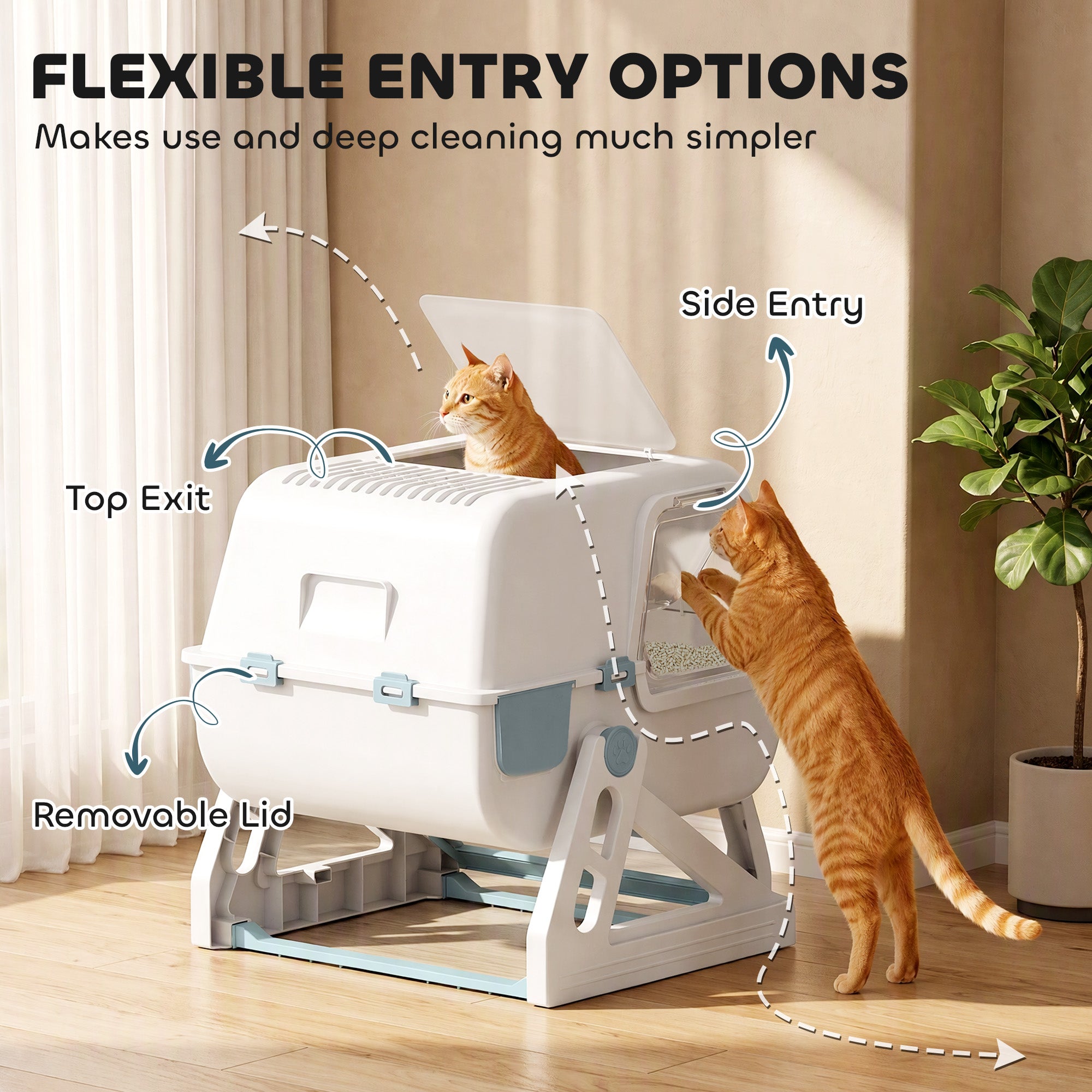 Cat Litter Box with Lid, Enclosed Cat Litter Box with Deodorization Bag & Drawer Pan, High Sides & Flip-to-Clean, Multi-Entry Design, Odor Control, Light Blue
