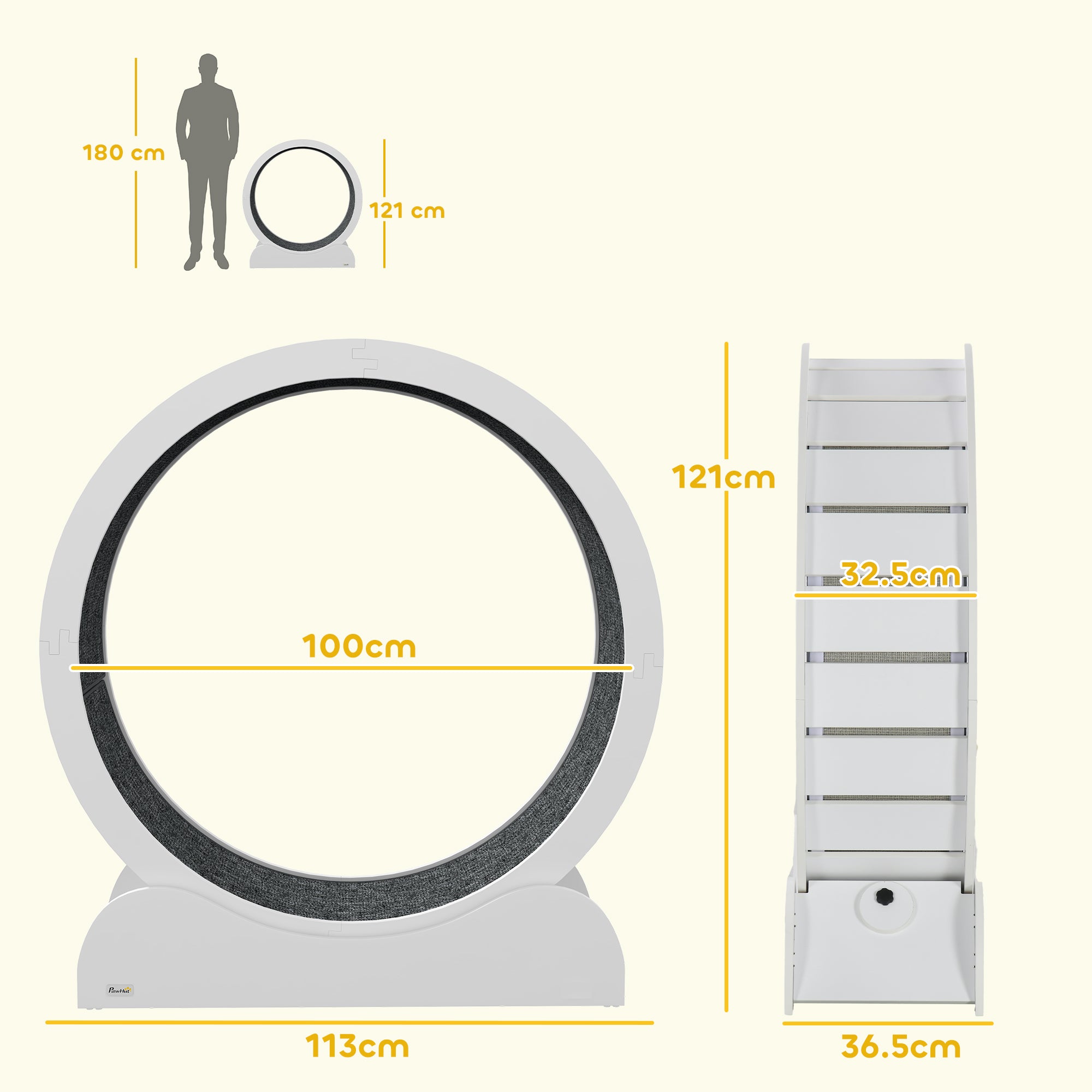 Cat Treadmill, Cat Exercise Wheel, 39.4 inch Kitten Running Wheel with Brake, Carpeted Runway for Exercise - White