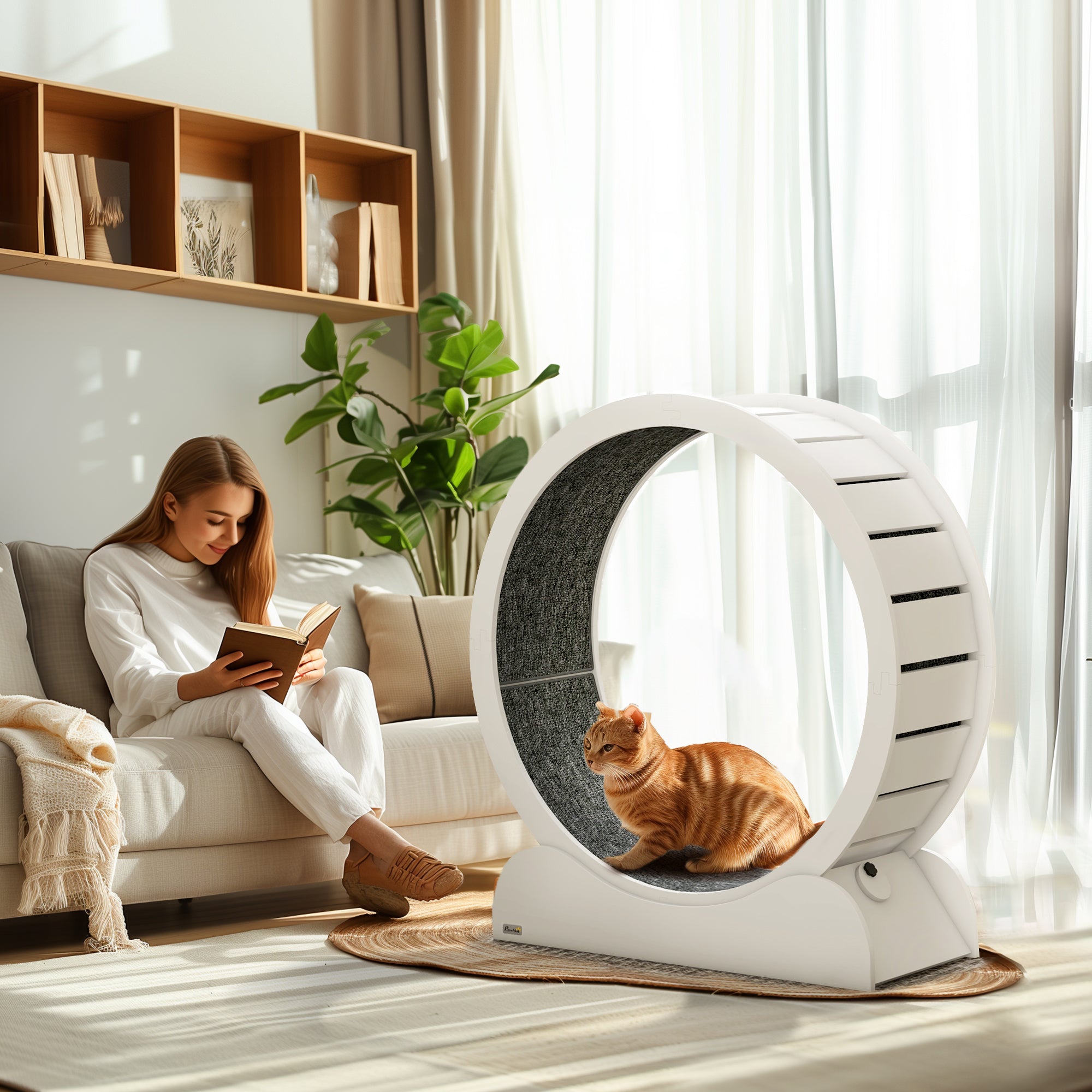 Cat Treadmill, Cat Exercise Wheel, 39.4 inch Kitten Running Wheel with Brake, Carpeted Runway for Exercise - White