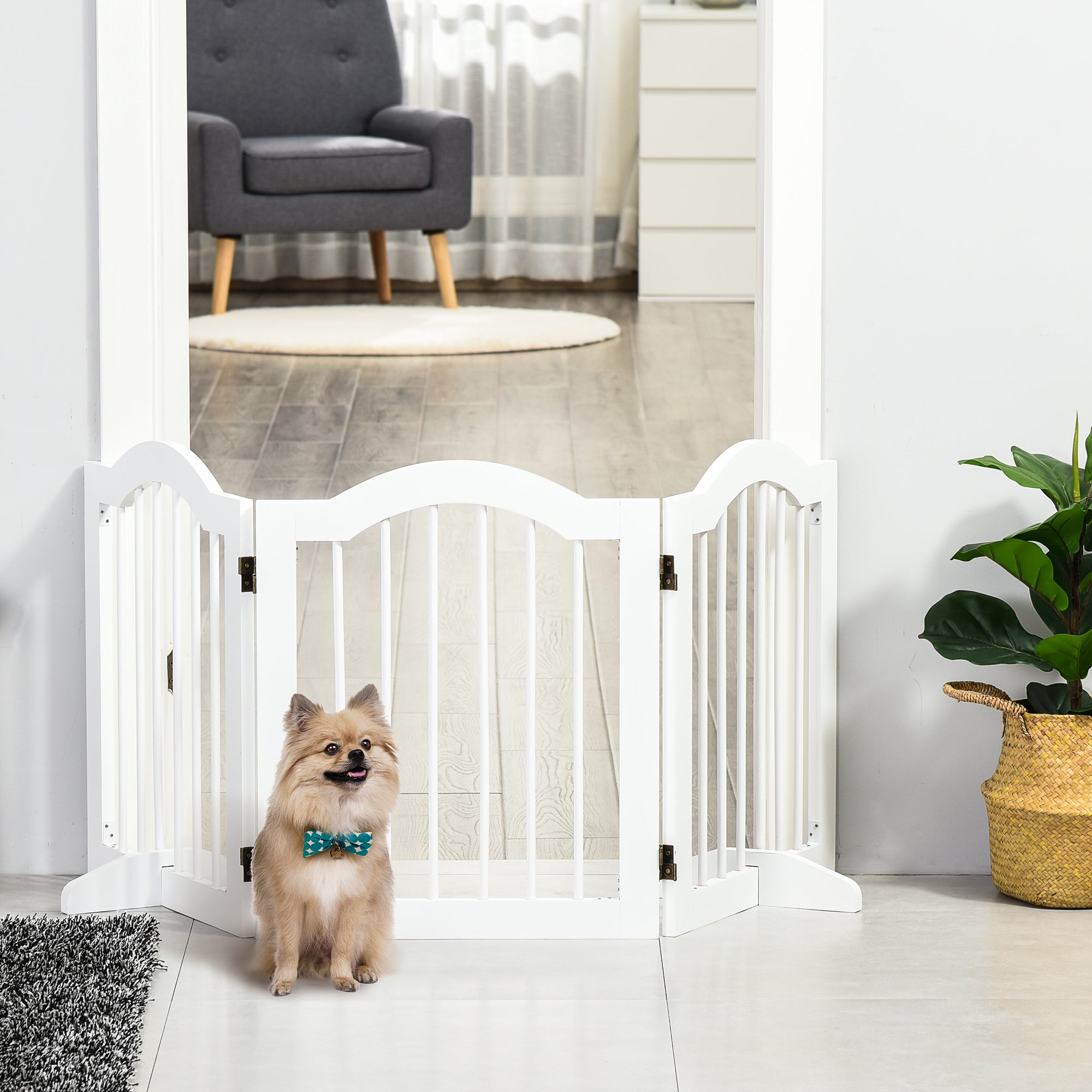 24"H Foldable Dog Gate, 3 Panels Freestanding Pet Gate Barriers Indoor with Support Feet, Puppy Fence for Small Dogs, White