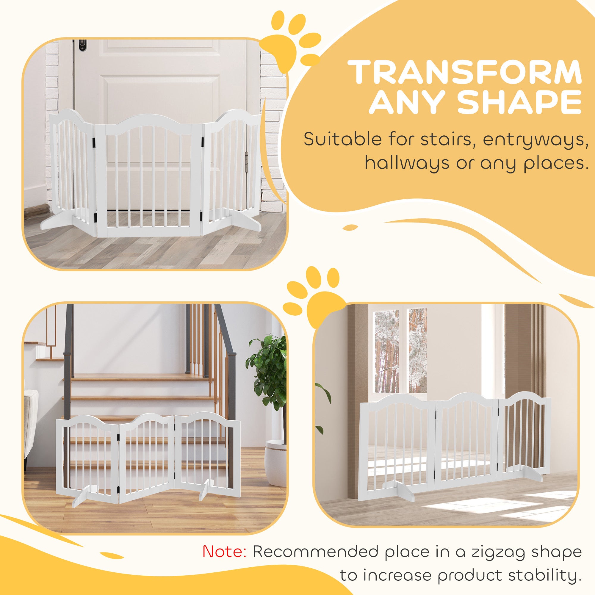 24"H Foldable Dog Gate, 3 Panels Freestanding Pet Gate Barriers Indoor with Support Feet, Puppy Fence for Small Dogs, White