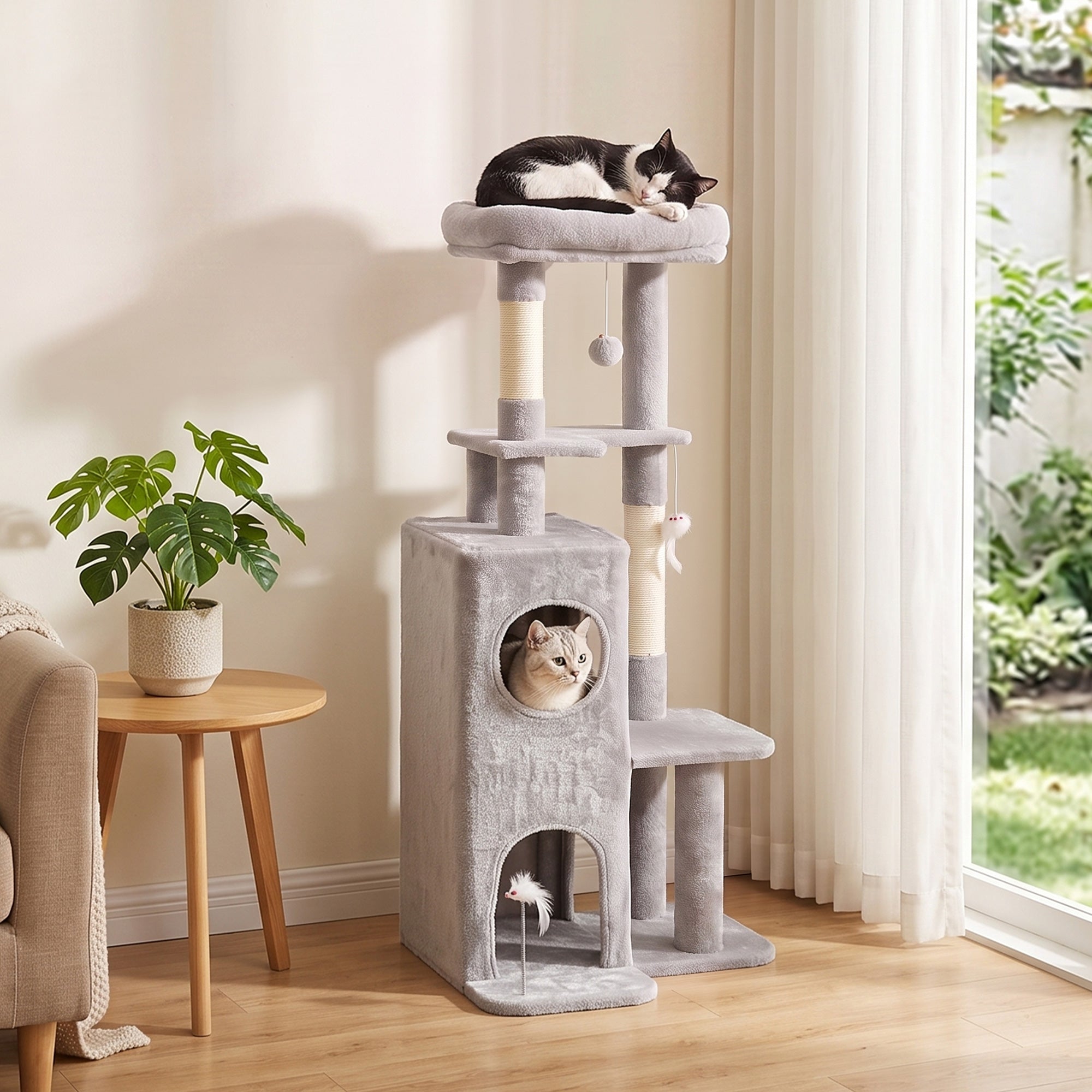 52" Cat Tree, Multi-Level Large Cat Tower House with 2-Tier Condo, Bed, Sisal Scratching Posts and Teaser Toys for Indoor Kittens Activity Center, Light Grey