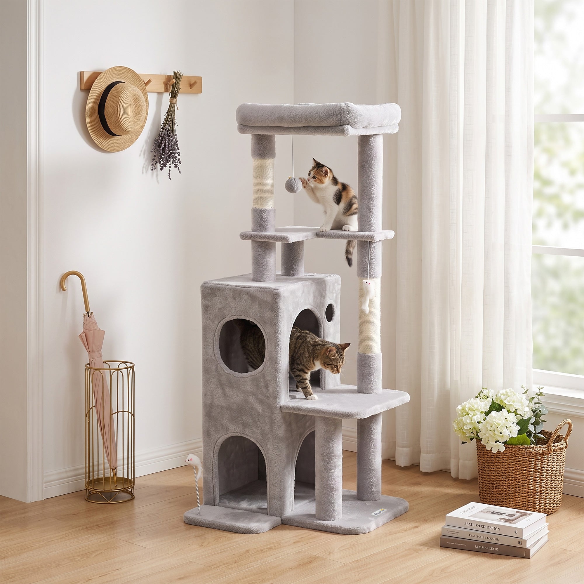 52" Cat Tree, Multi-Level Large Cat Tower House with 2-Tier Condo, Bed, Sisal Scratching Posts and Teaser Toys for Indoor Kittens Activity Center, Light Grey