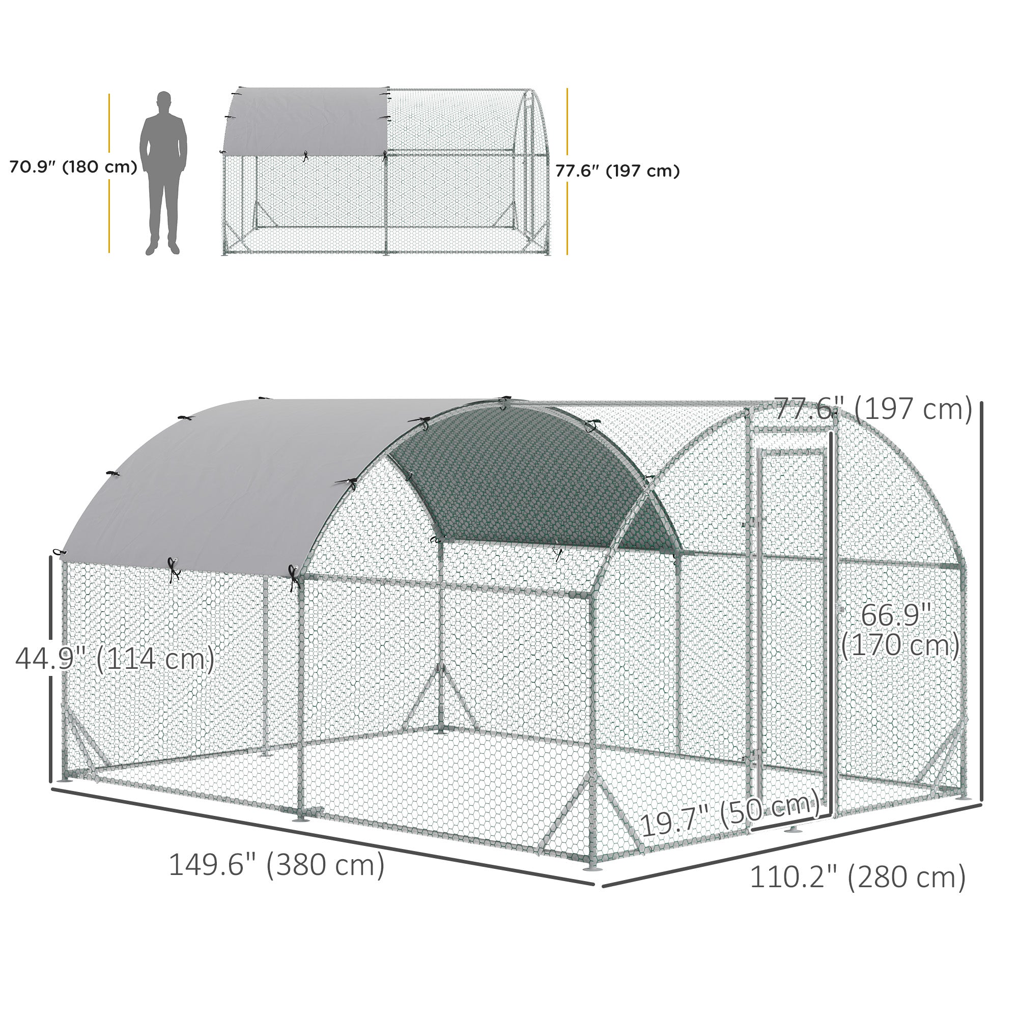 Galvanized Large Metal Chicken Coop Cage Walk-in Enclosure Poultry Hen Run House Playpen Rabbit Hutch with Cover for Outdoor Backyard 9.2' x 12.5' x 6.5' Silver