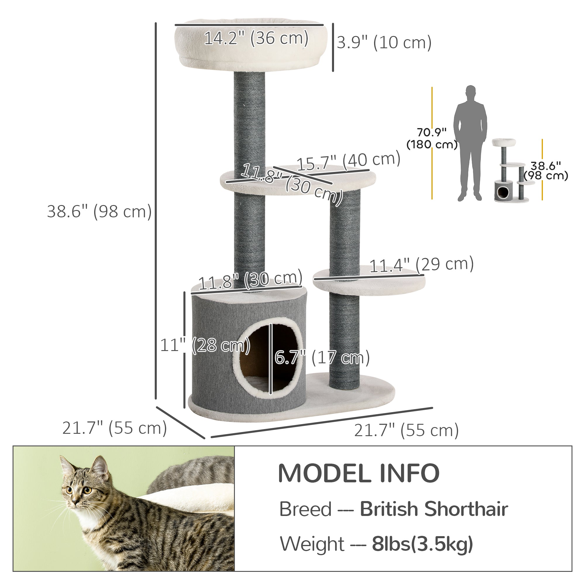 39" Cat Tree for Indoor, Cat Tower with Scratching Posts, Condo, Top Perch, Platforms, Multi-level Kitten Activity Centre, White