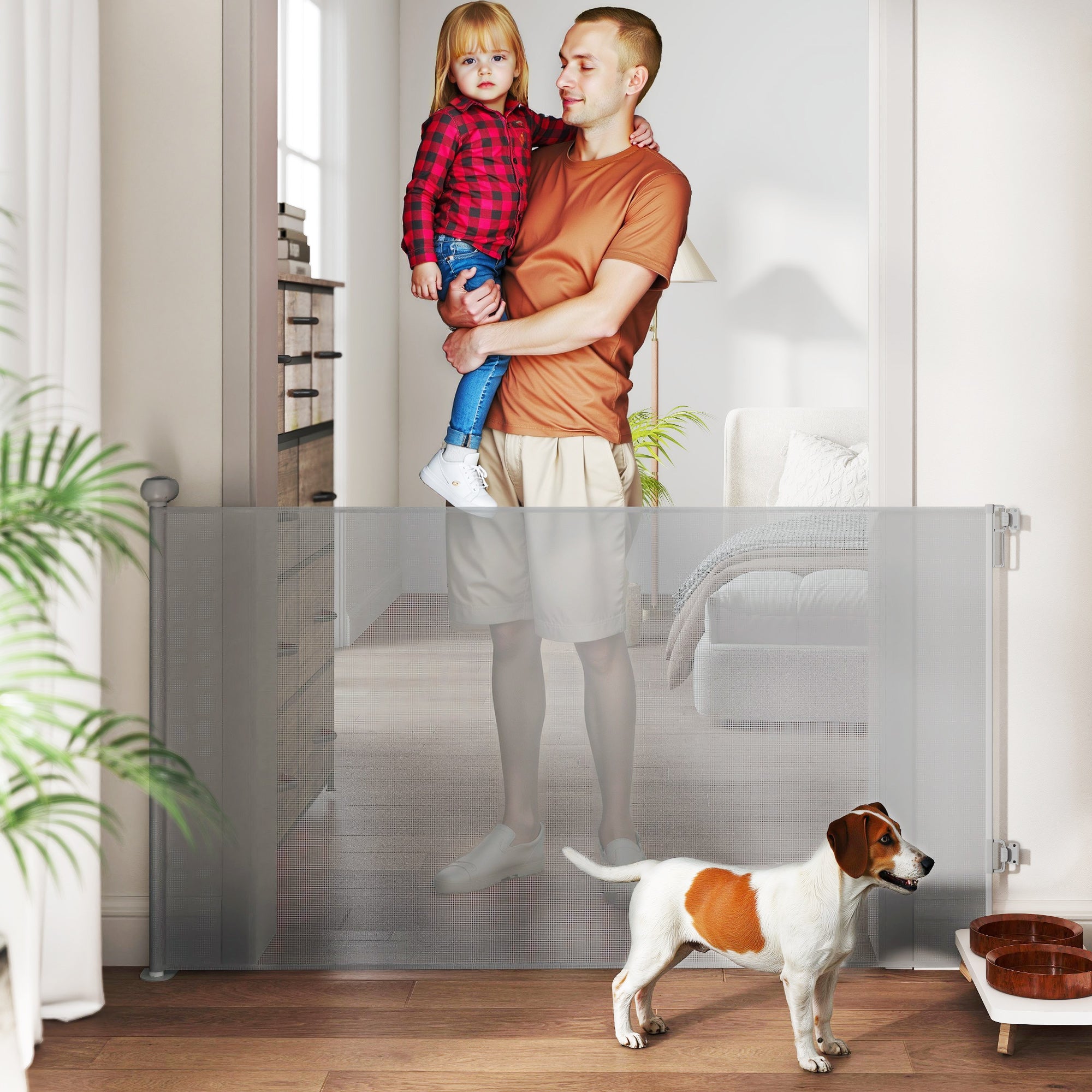 Retractable Stair Gate for Dogs, Extra Wide Dog Gate Extends Up to 140 cm Wide, 86.5 cm Tall, for Doorways, Stairways, Hallways, Indoor and Outdoor, Grey