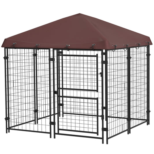 PawHut 4.6' x 4.6' x 5' Dog Kennel Outdoor with Waterproof Cover, Dog Playpen for Small and Medium-Sized Dogs with Two Part Door Design, Brown